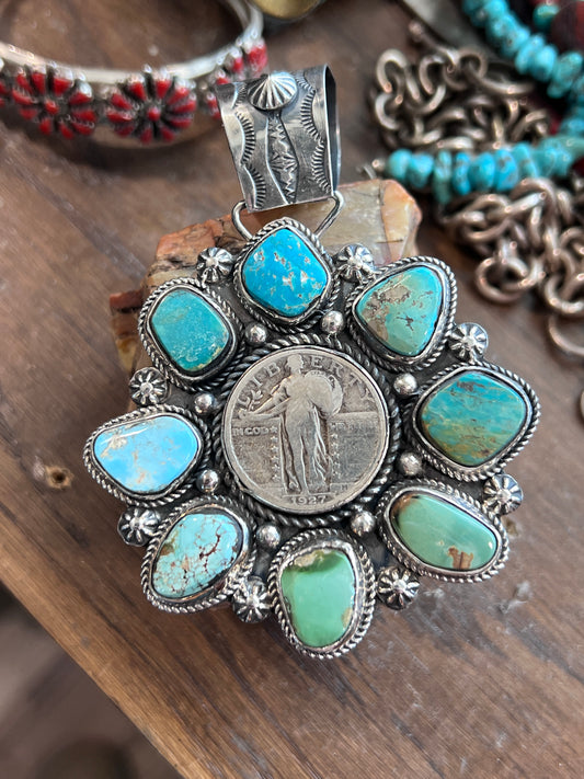 Turquoise Cluster Pendant with 1927 Liberty Quarter by Rosella Paxson