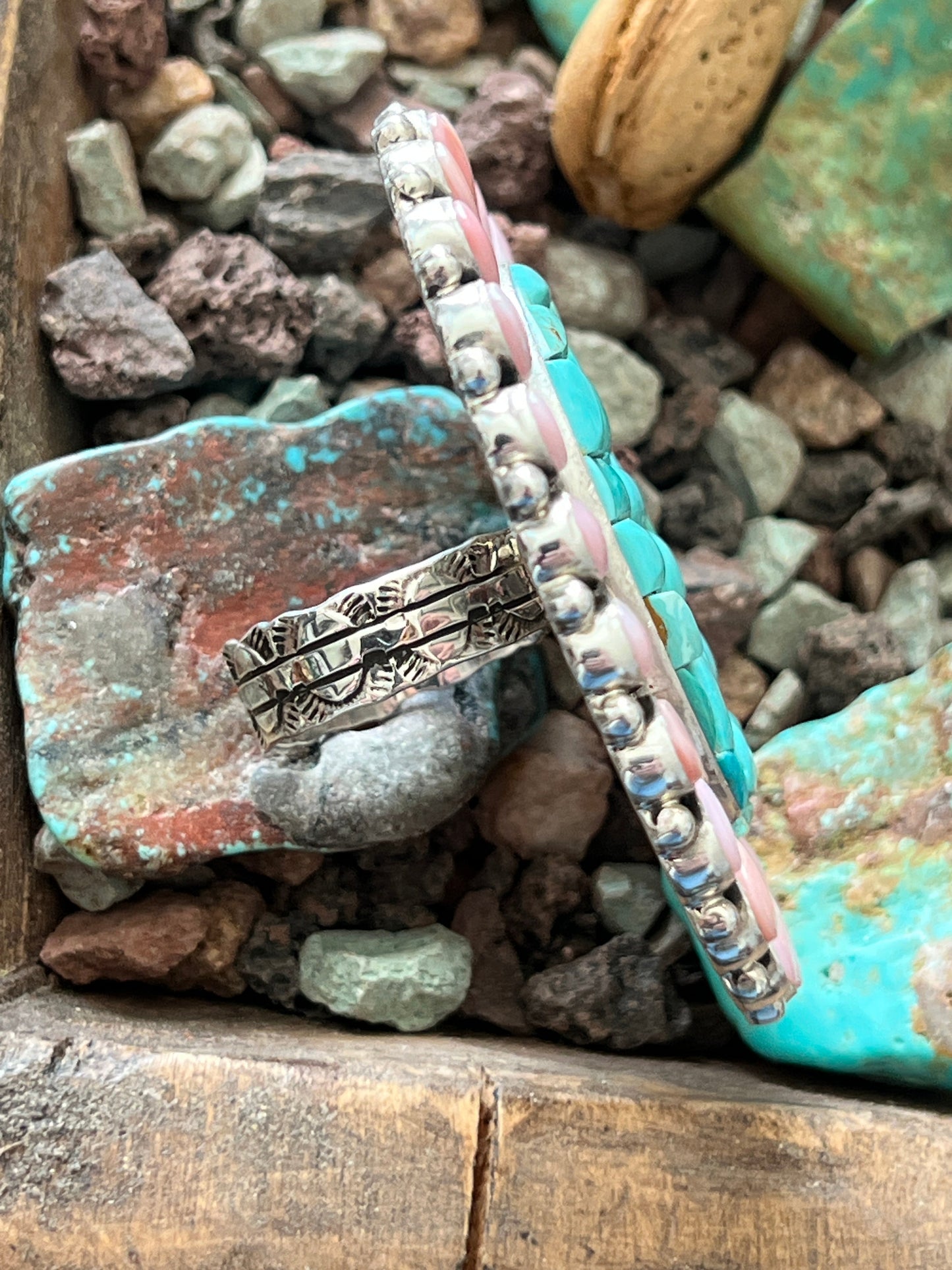 Navajo Cobblestone Kingman Turquoise and Pink Conch Cluster Ring by Aaron Tallis, Adjustable