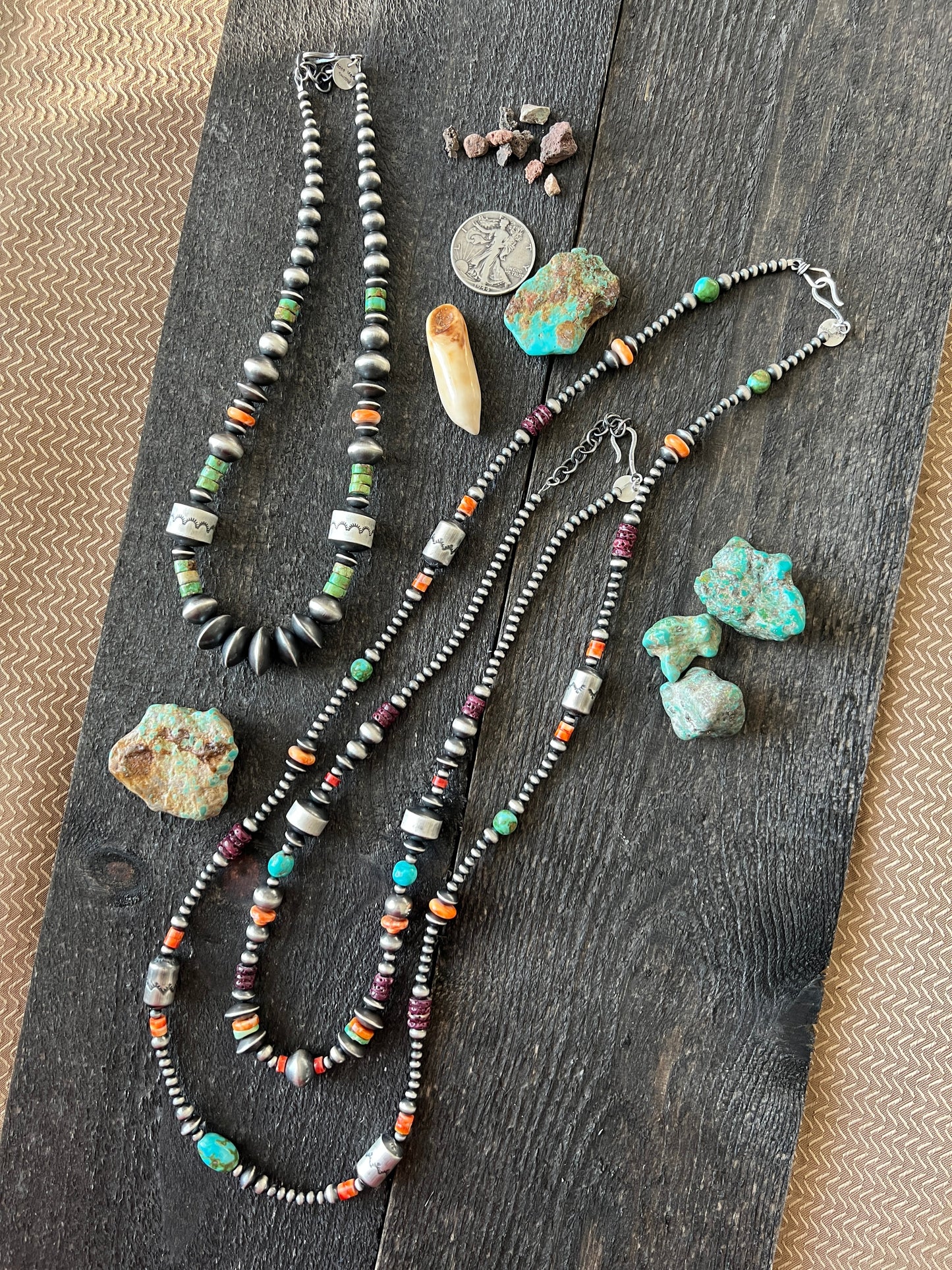 Navajo Electric Rainbow Sterling Silver, Turquoise and Spiny Oyster Single Strand Beaded Necklace by Rose Martin, 34 + 2 Inches