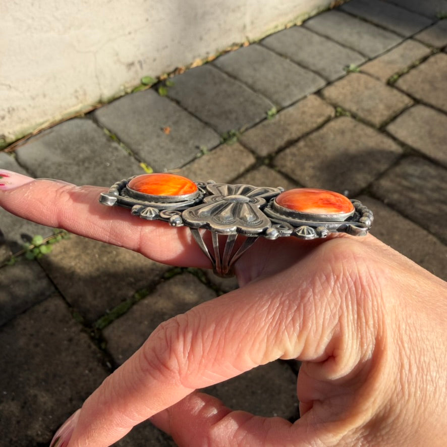 Apache Rosella Paxson Double Spiny Oyster and Sterling Silver Butterfly Concho Ring