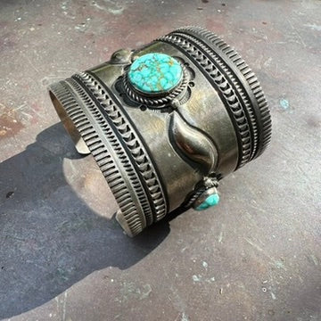 Navajo Made Sterling Silver Turquoise Wonder Woman Cuff Bracelet, Signed Albert Jake