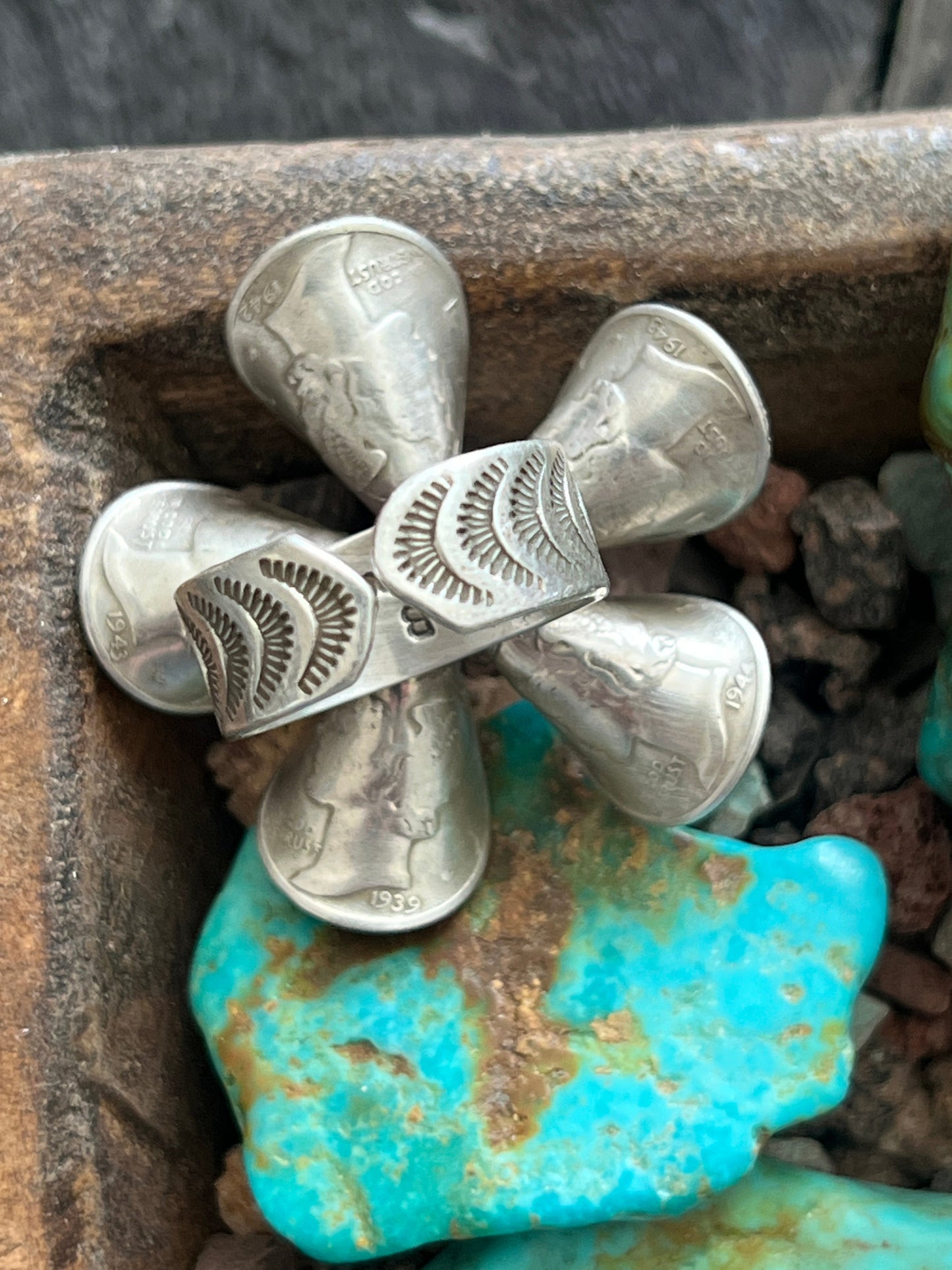 Navajo Sterling and Coin Silver Mercury Dime Flower Ring with Orange Spiny Oyster by James Begay, Adjustable