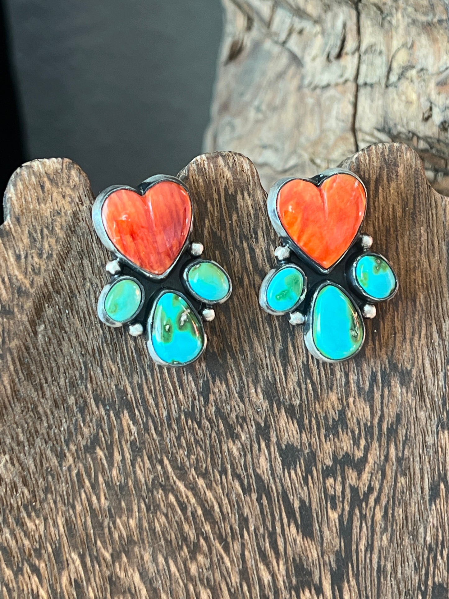 Vibrant Navajo Sterling Silver, Sonoran Turquoise and Spiny Oyster Shell Heart Cluster Post Earrings by Lucy Jake
