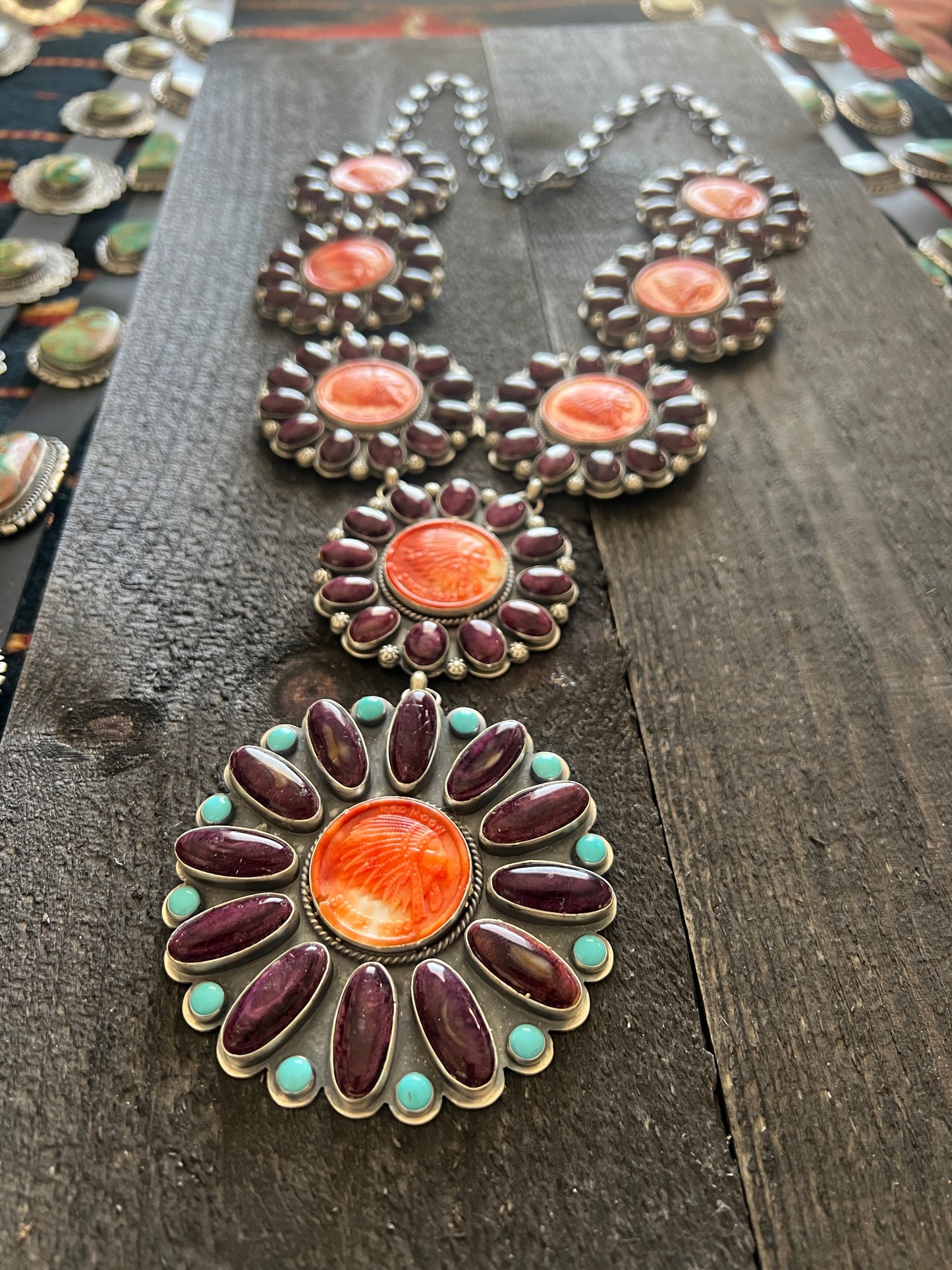 Stunning Navajo Sterling Silver, Carved Spiny Oyster and Turquoise Necklace by Gilbert Platero