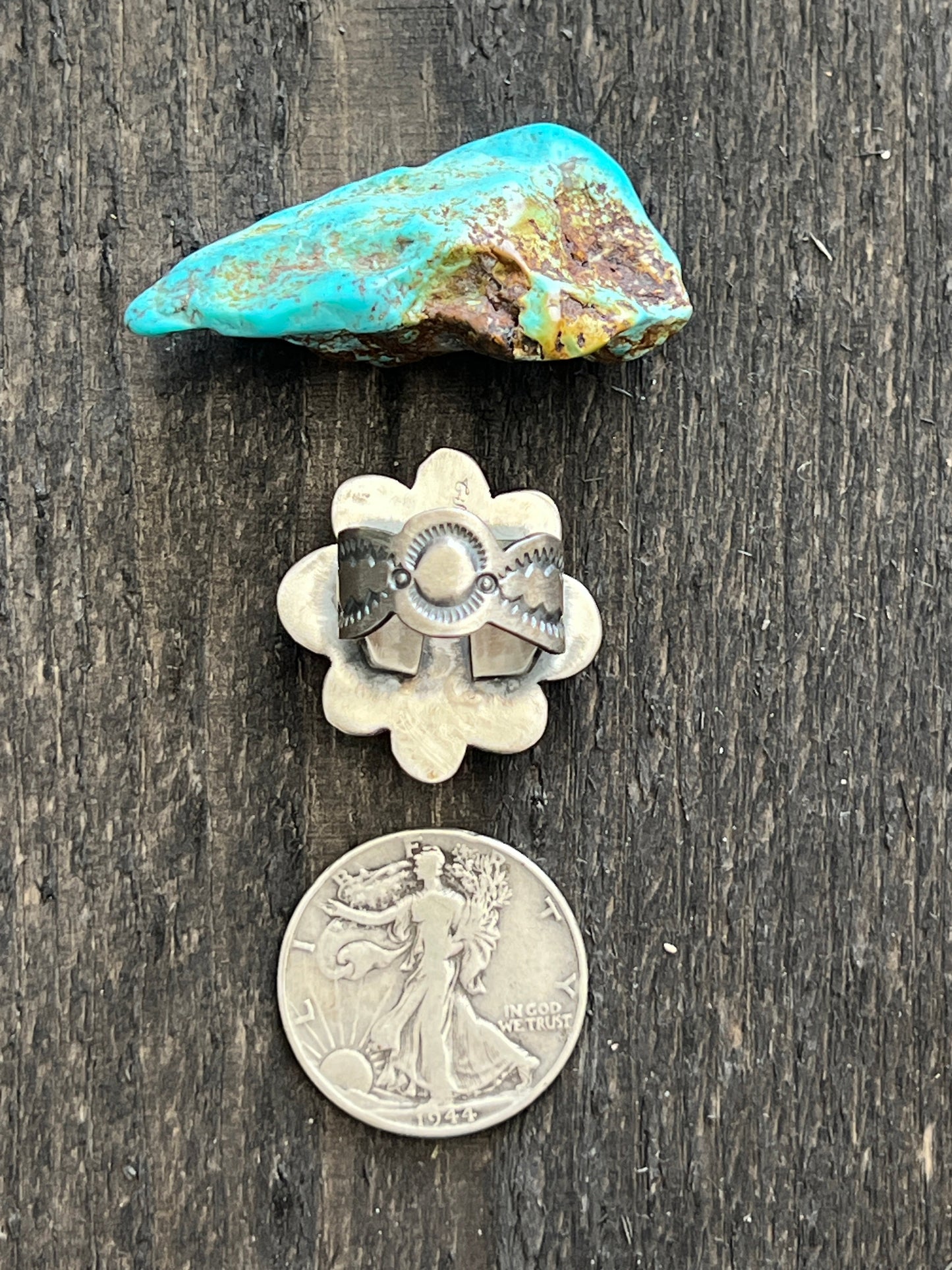 Navajo Sterling Silver and Natural Pilot Mountain Turquoise Single Stone Ring by Gilbert Tom, Size 8