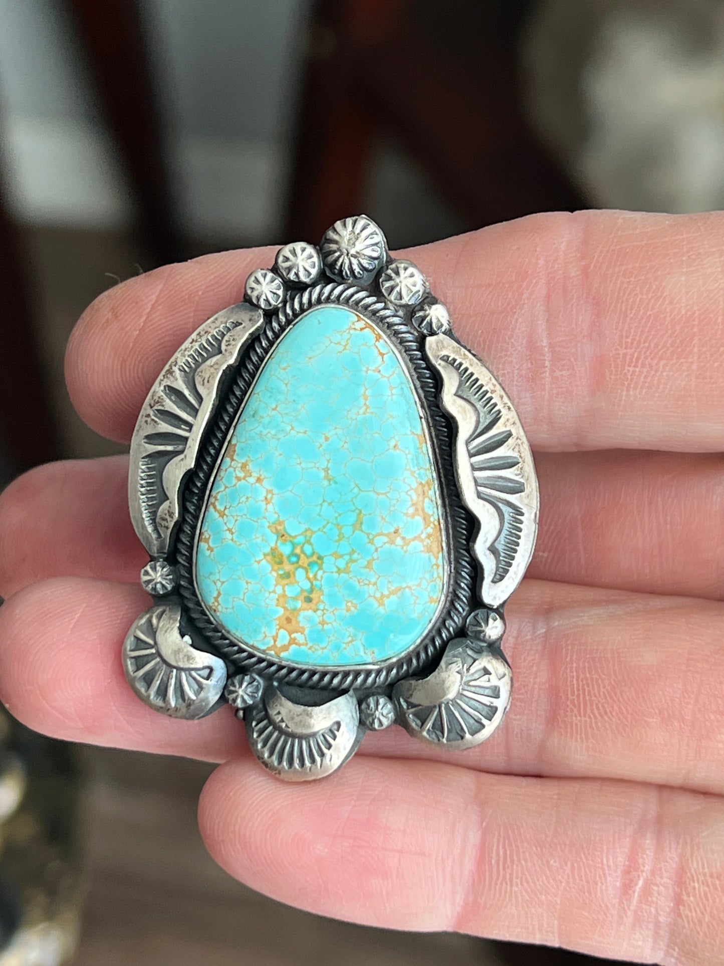Sterling Silver and Number 8 Turquoise Ring by Gilbert Tom, Navajo, Size 6.5