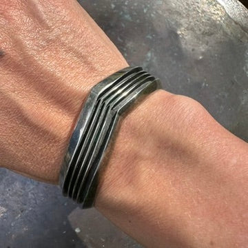 Vintage Navajo Made Sterling Silver V Shape Cuff Bracelet, signed by Tom Hawk