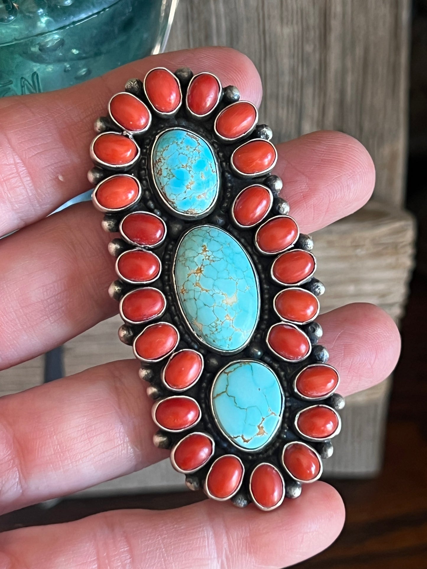Navajo Sterling Silver, Coral and Number 8 Turquoise Ring by Darrin Livingston, Size 9