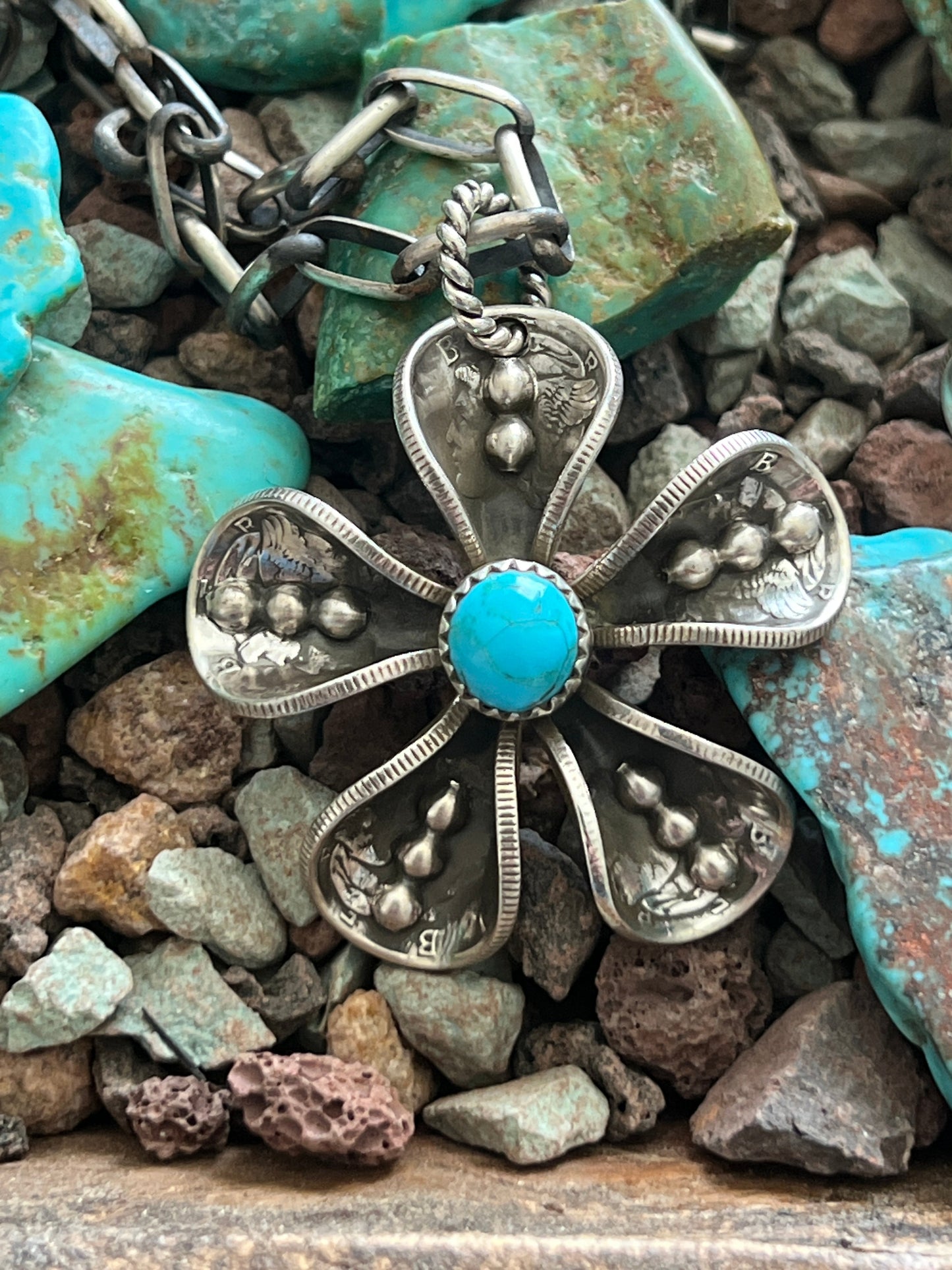 Navajo Sterling and Coin Silver Mercury Dime Flower Pendant with Turquoise on Handmade Chain by James Begay