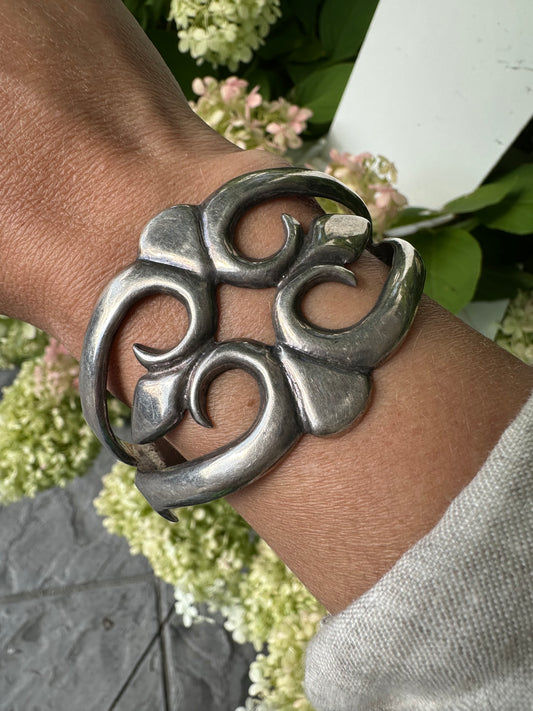 Vintage Cast Sterling Silver Double Heart Cuff Bracelet, Unsigned