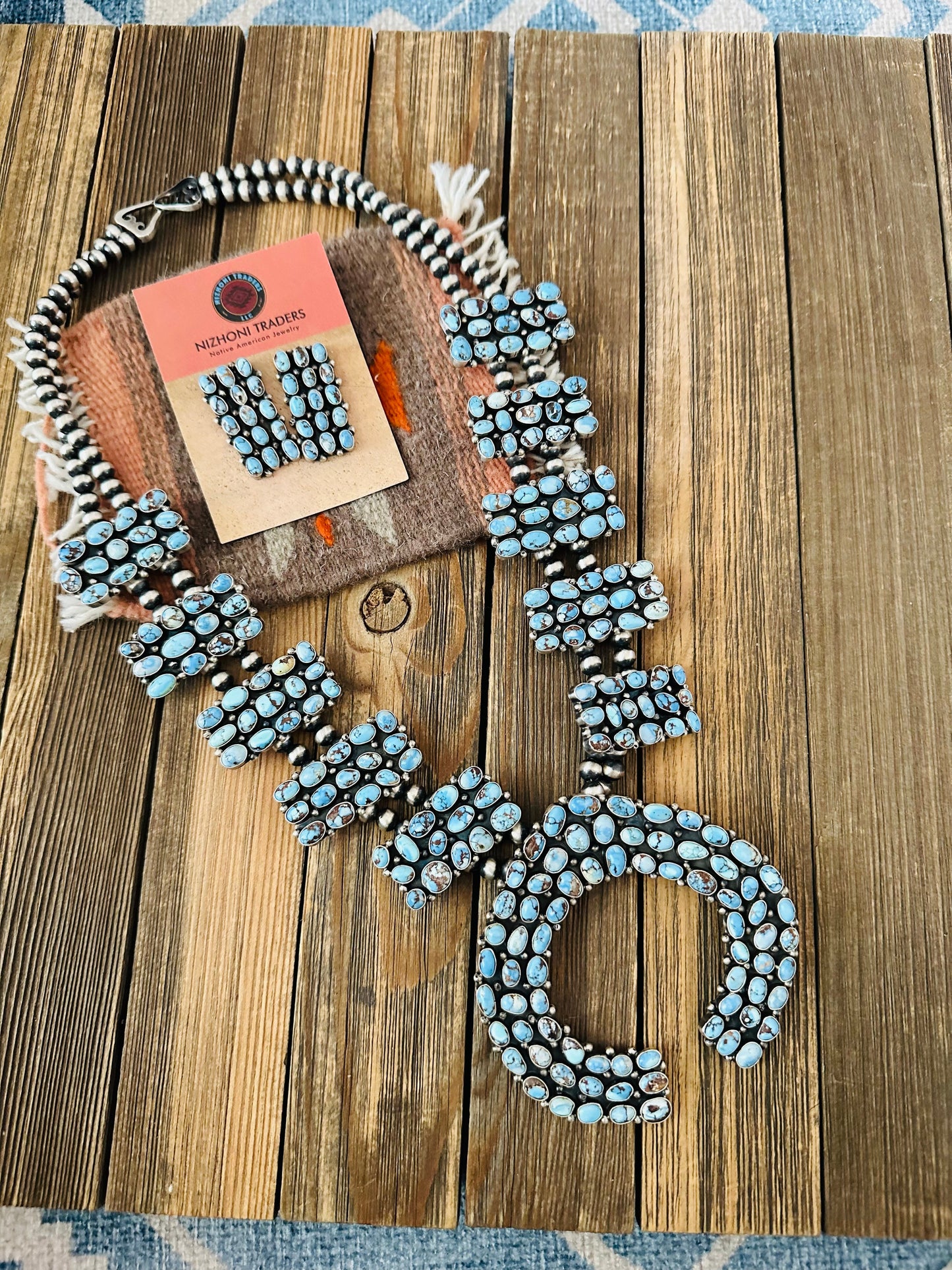 Navajo Golden Hills Turquoise & Sterling Silver Squash Blossom Necklace Set by B. Yellowhorse