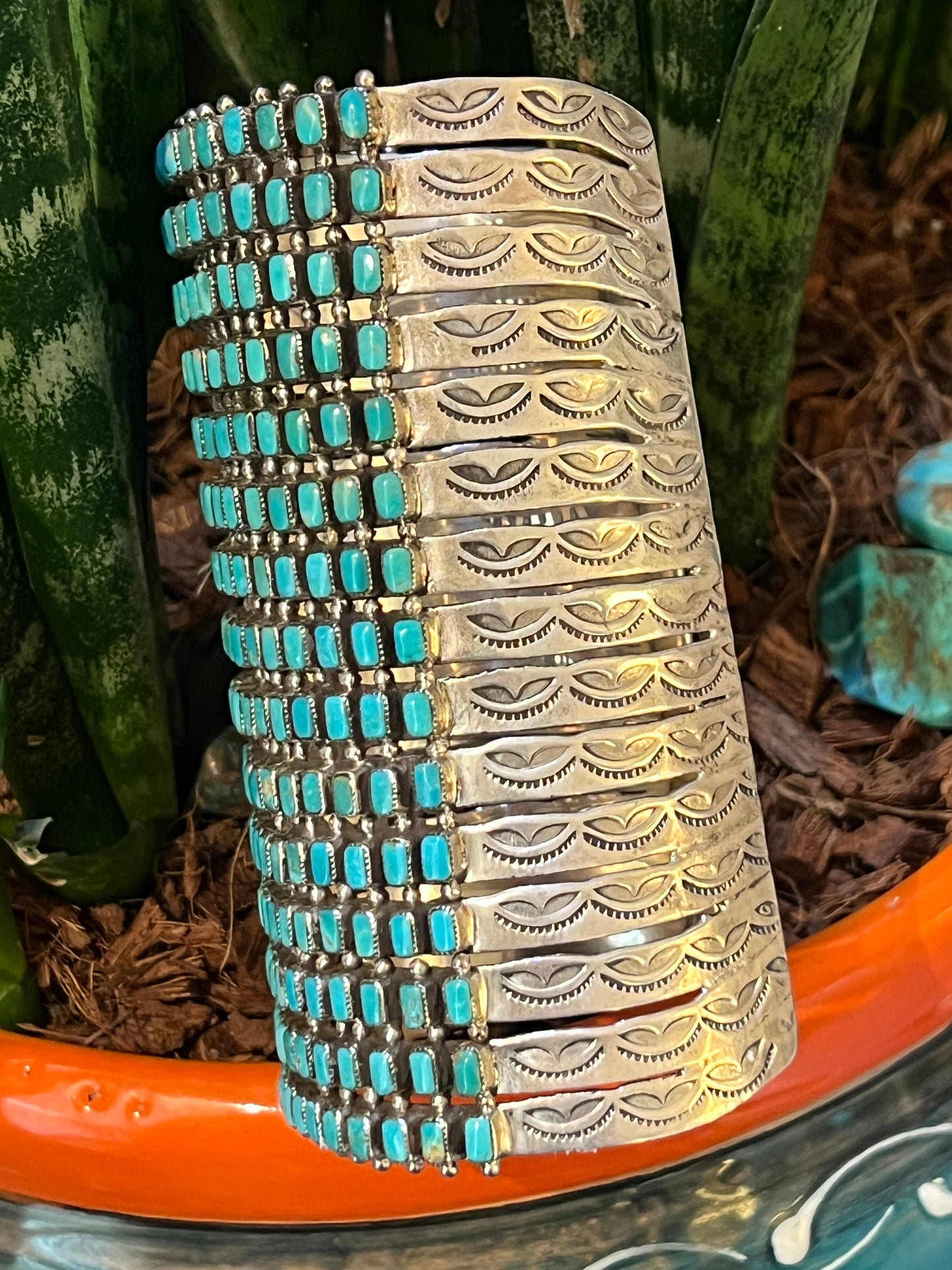 Epic Navajo Made 15 Row Sterling Silver and Turquoise Gauntlet Style Cuff Bracelet