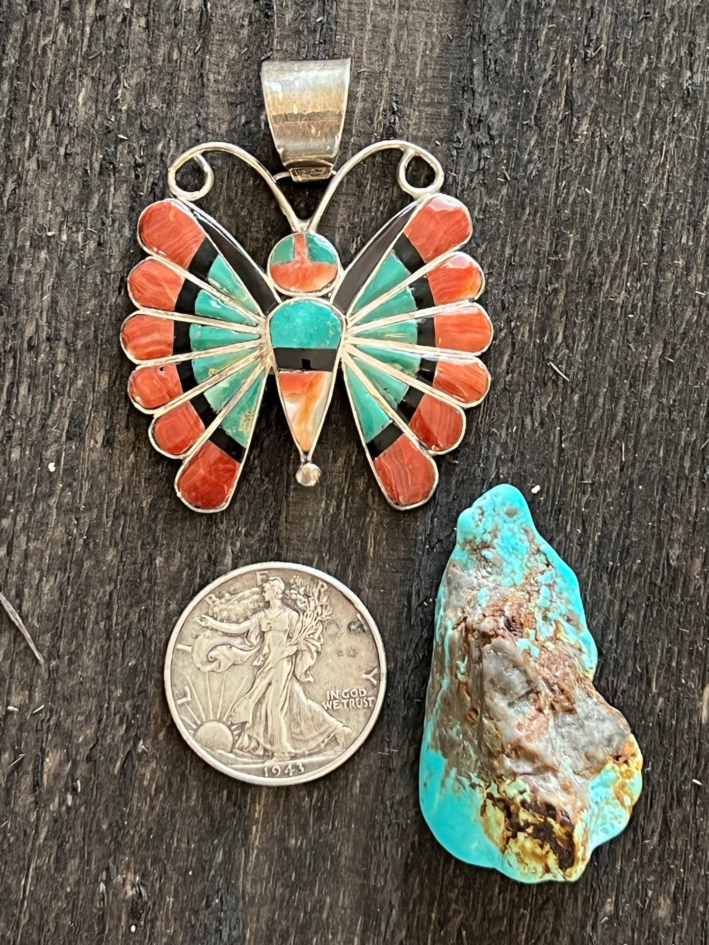 Vintage Zuni Sterling Silver, Turquoise, Spiny Oyster Shell and Jet Inlay Butterfly Pendant by Sara Edaakie