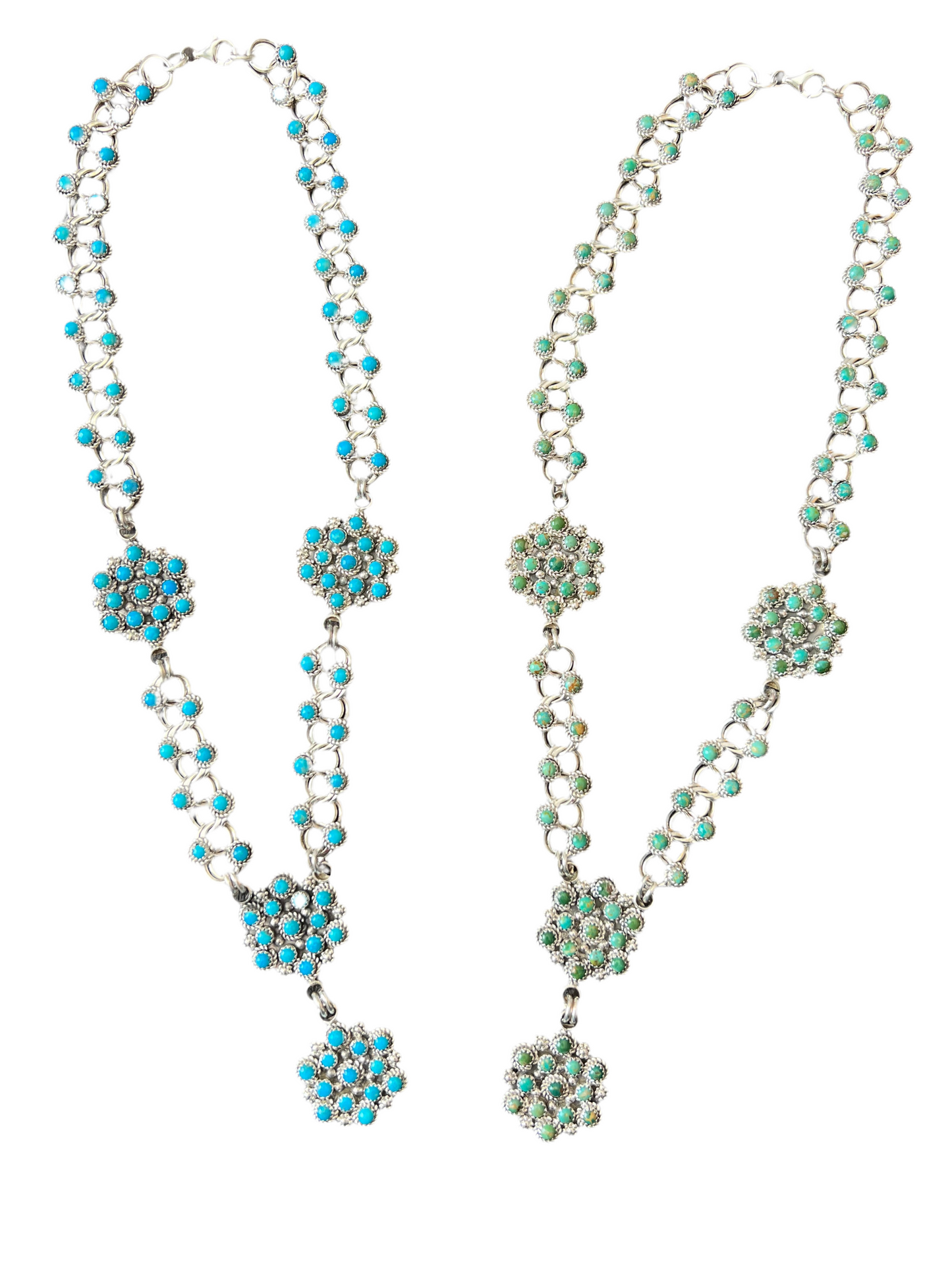Zuni Sterling and Snake Eye Turquoise Link and Cluster Necklace by Dillon Cheama