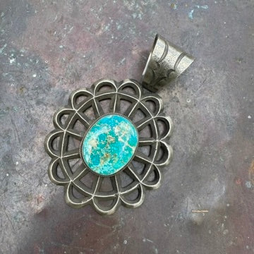 Navajo Made Sterling Silver and Turquoise Flower Pendant by Robert Chee