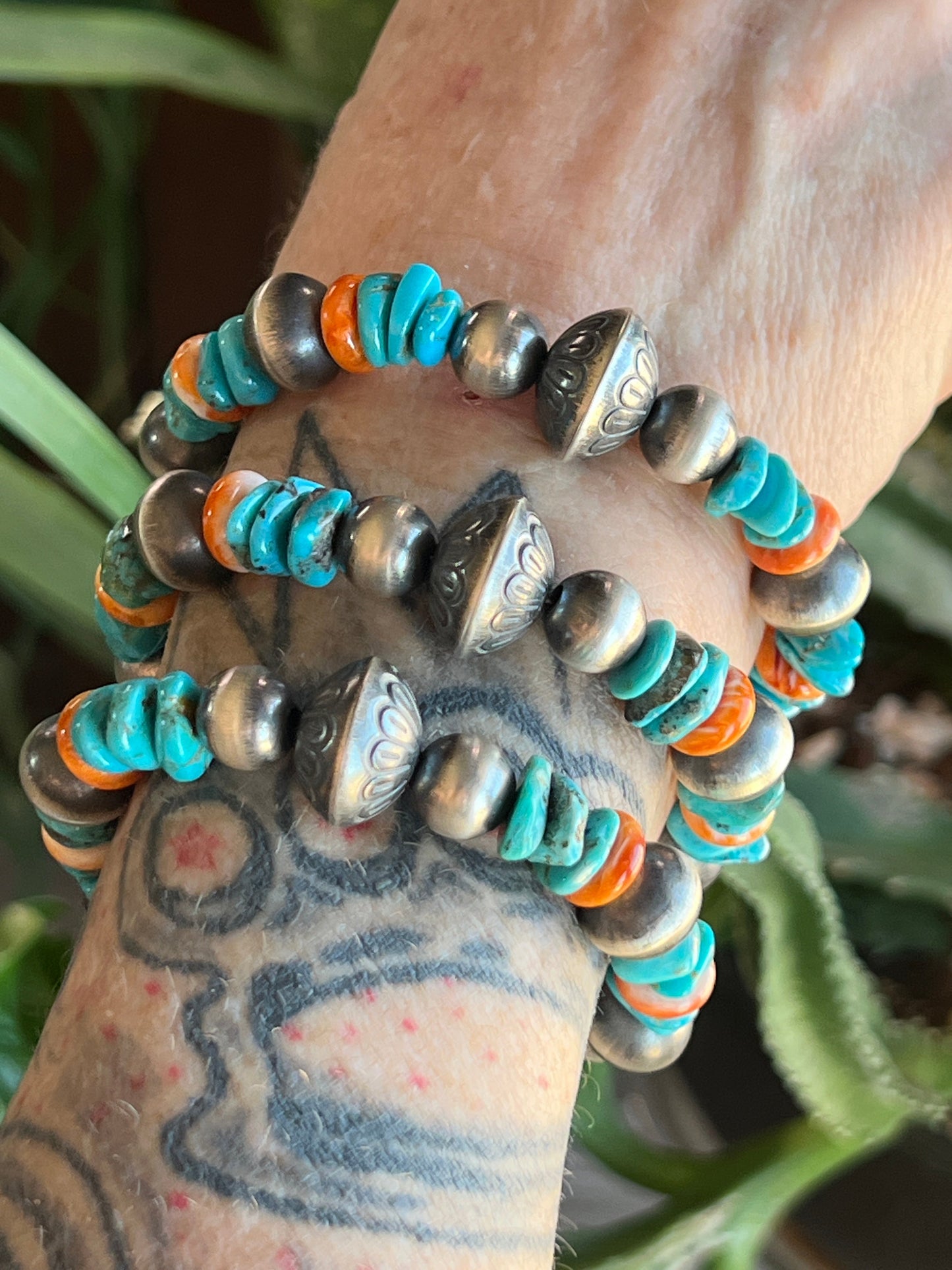 Navajo Made Chunky Sterling Silver, Turquoise and Spiny Oyster Shell Beaded Bracelet, Adjustable