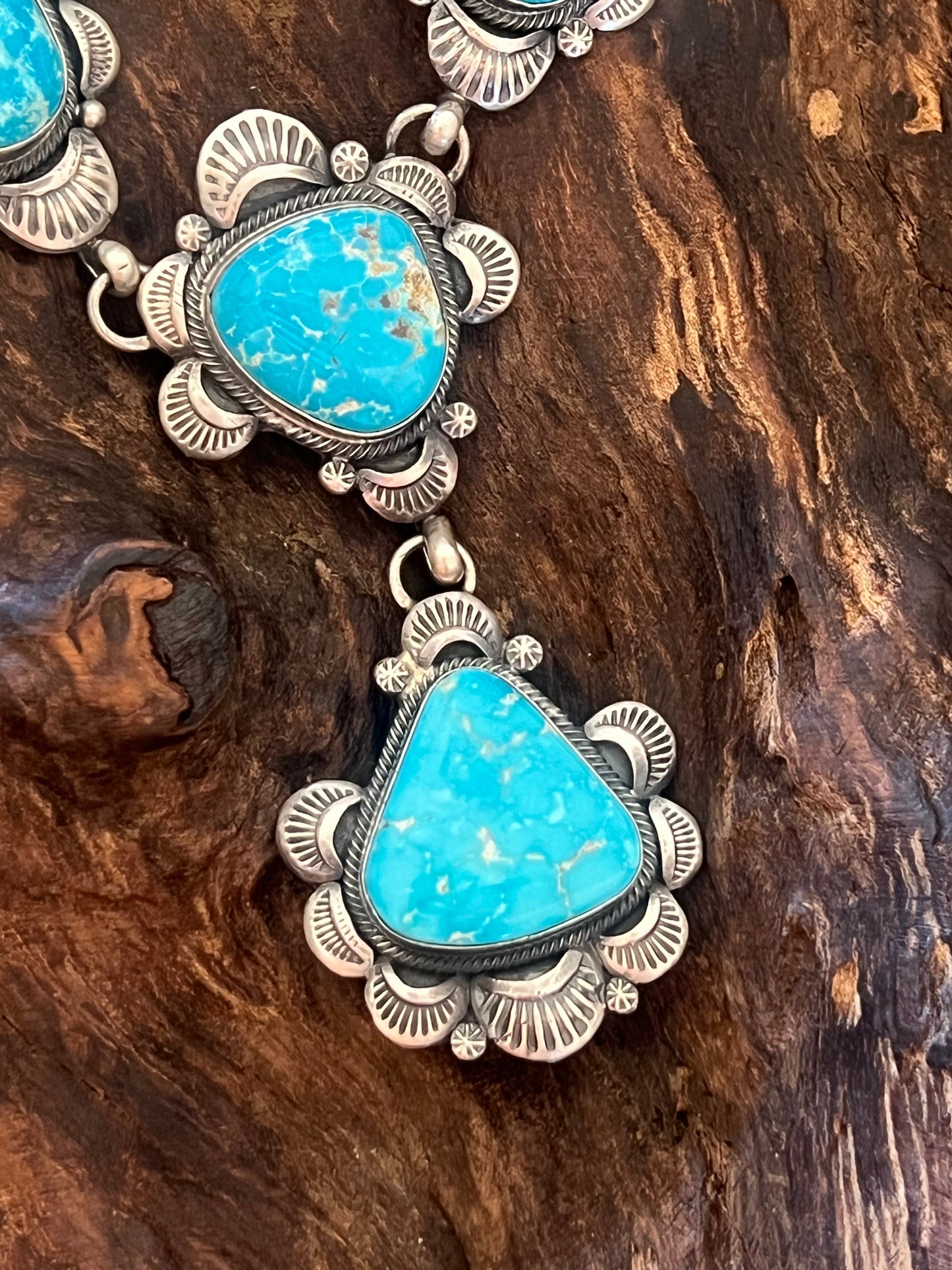 Stellar Navajo Sterling Silver and Whitewater Turquoise Necklace and Earrings Set by Gilbert Tom