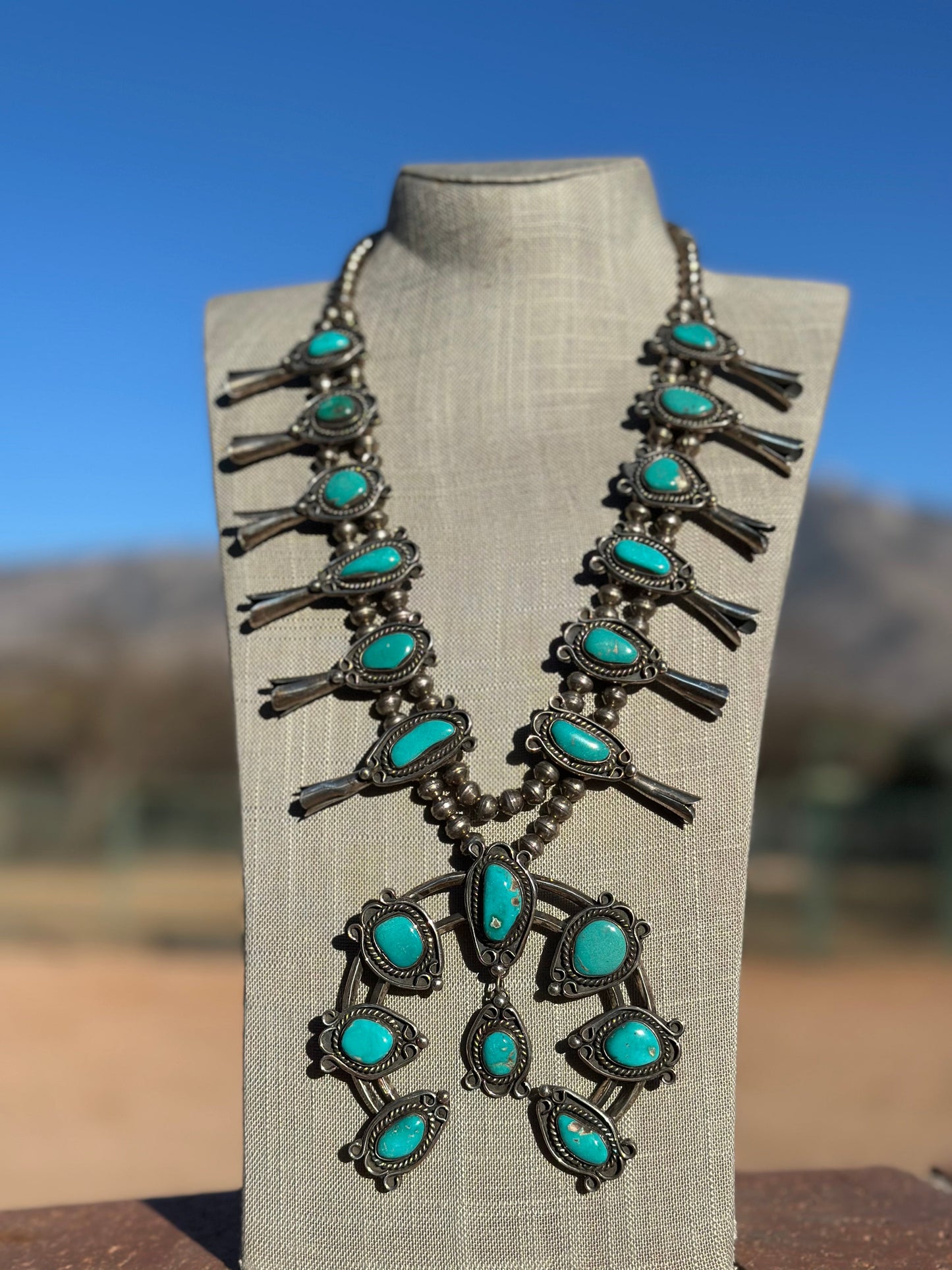 Estate Collection Old Pawn Navajo Turquoise & Sterling Silver Squash Blossom Necklace