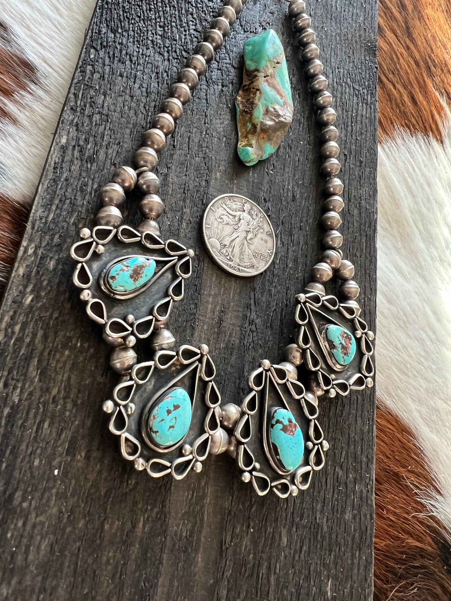 Vintage Navajo Sterling Silver and Turquoise Station Necklace