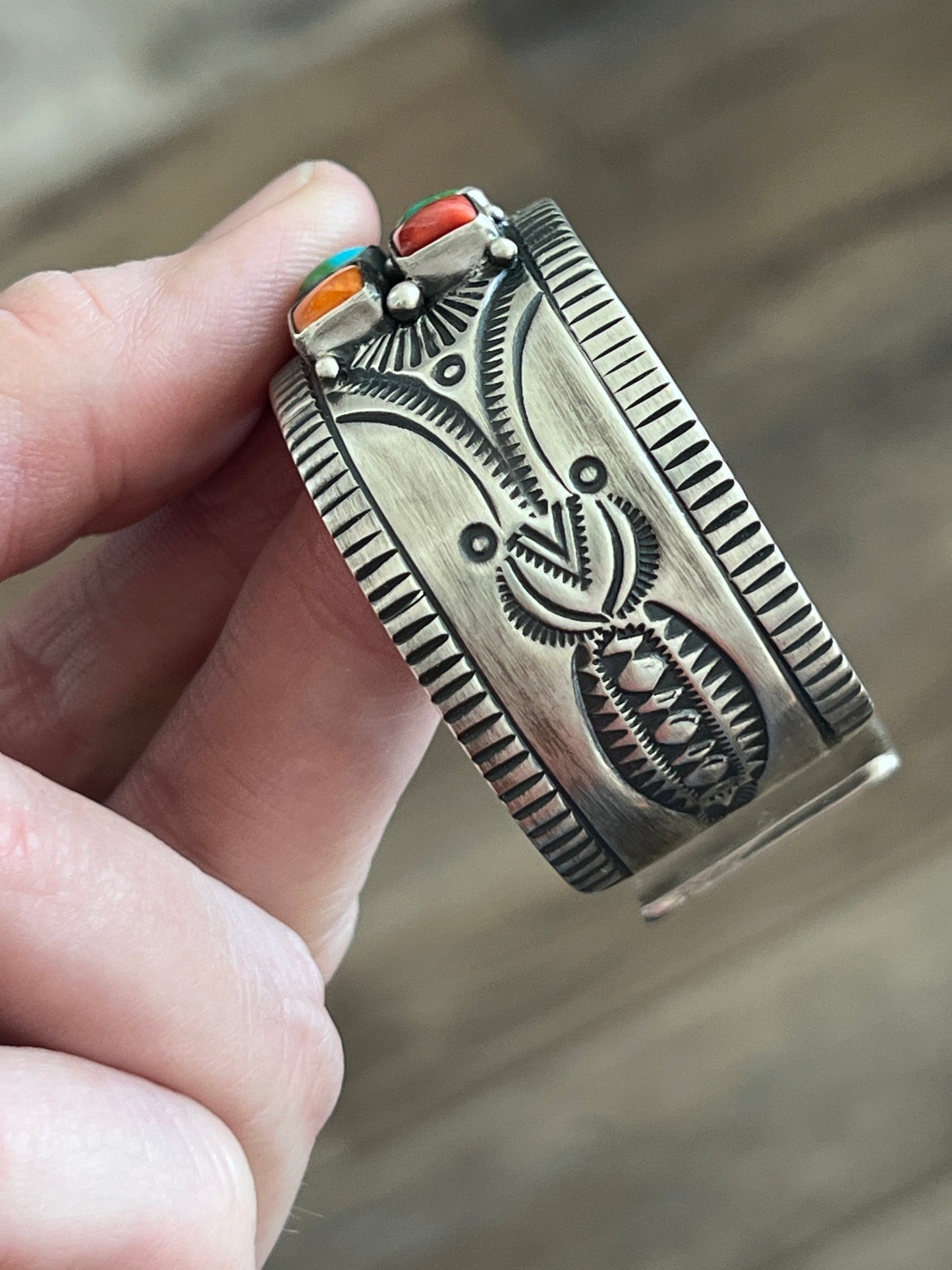 Navajo Electric Rainbow Turquoise and Spiny Oyster Cuff Bracelet by Bernyse Chavez