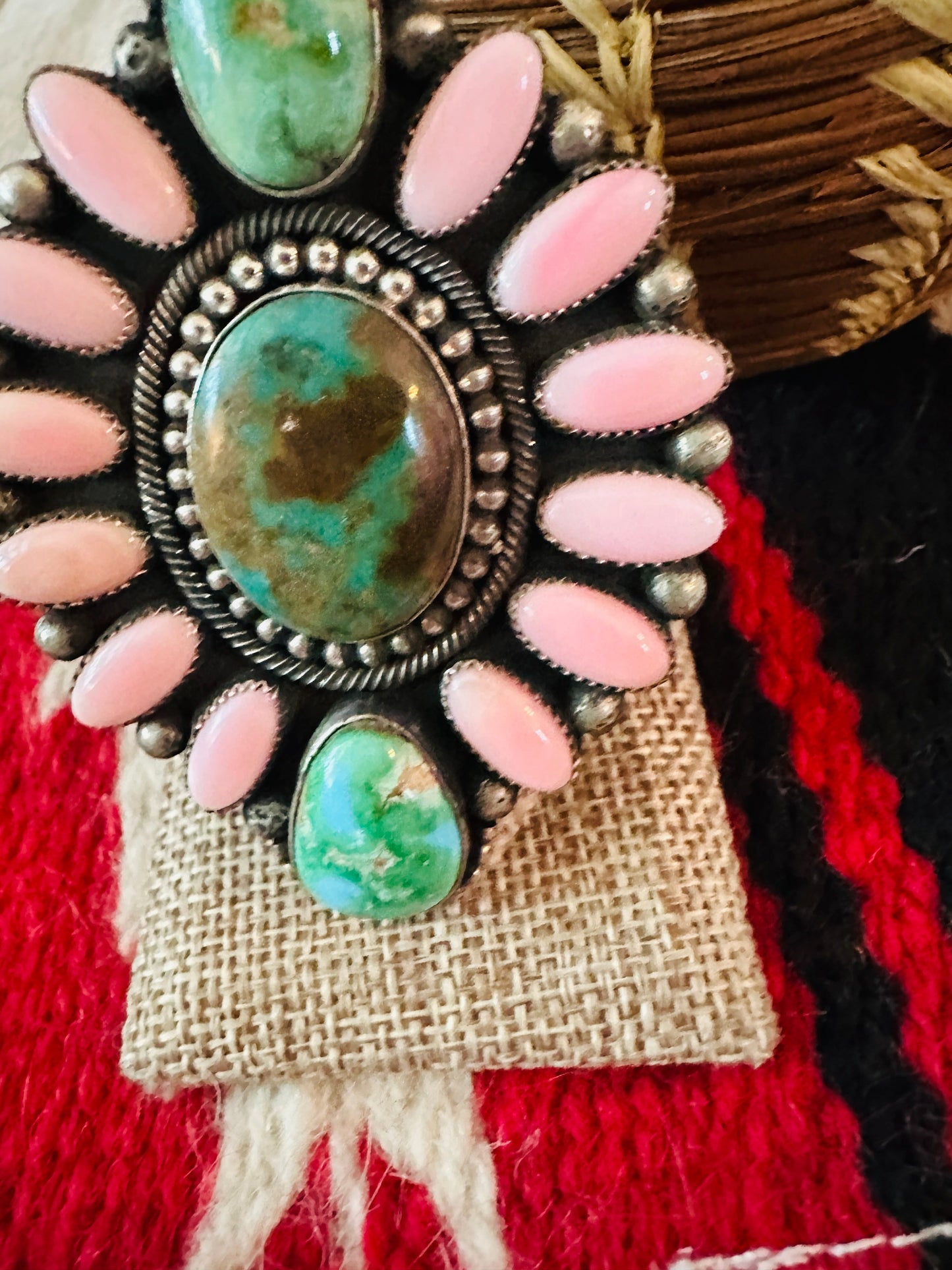 Navajo Sterling Silver, Queen Pink Conch & Turquoise Cluster Adjustable Ring by Hemerson Brown
