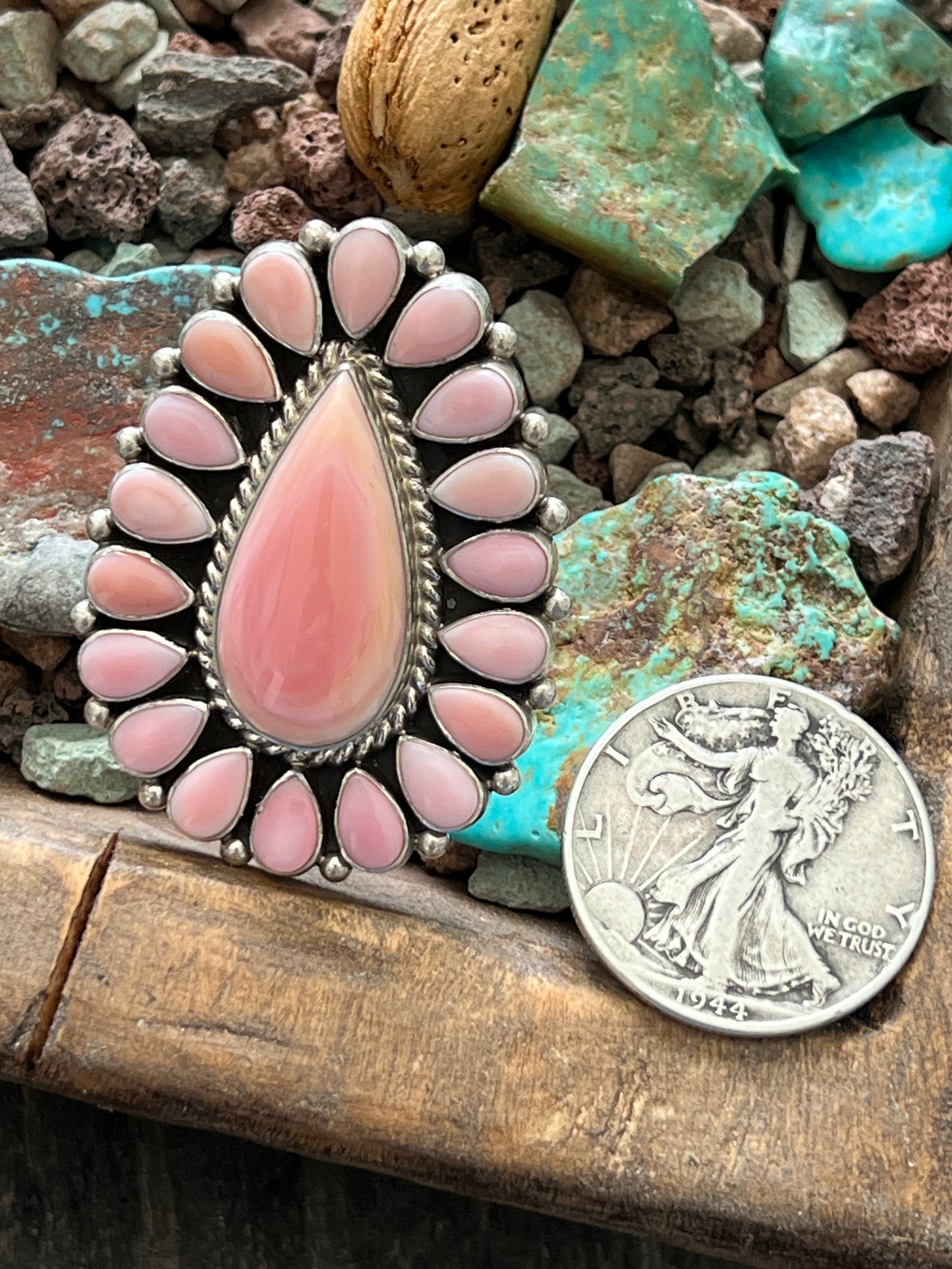 Navajo Sterling Silver and Tear Drop Queen Pink Conch Shell Cluster Ring by Aaron Tallis, Adjustable