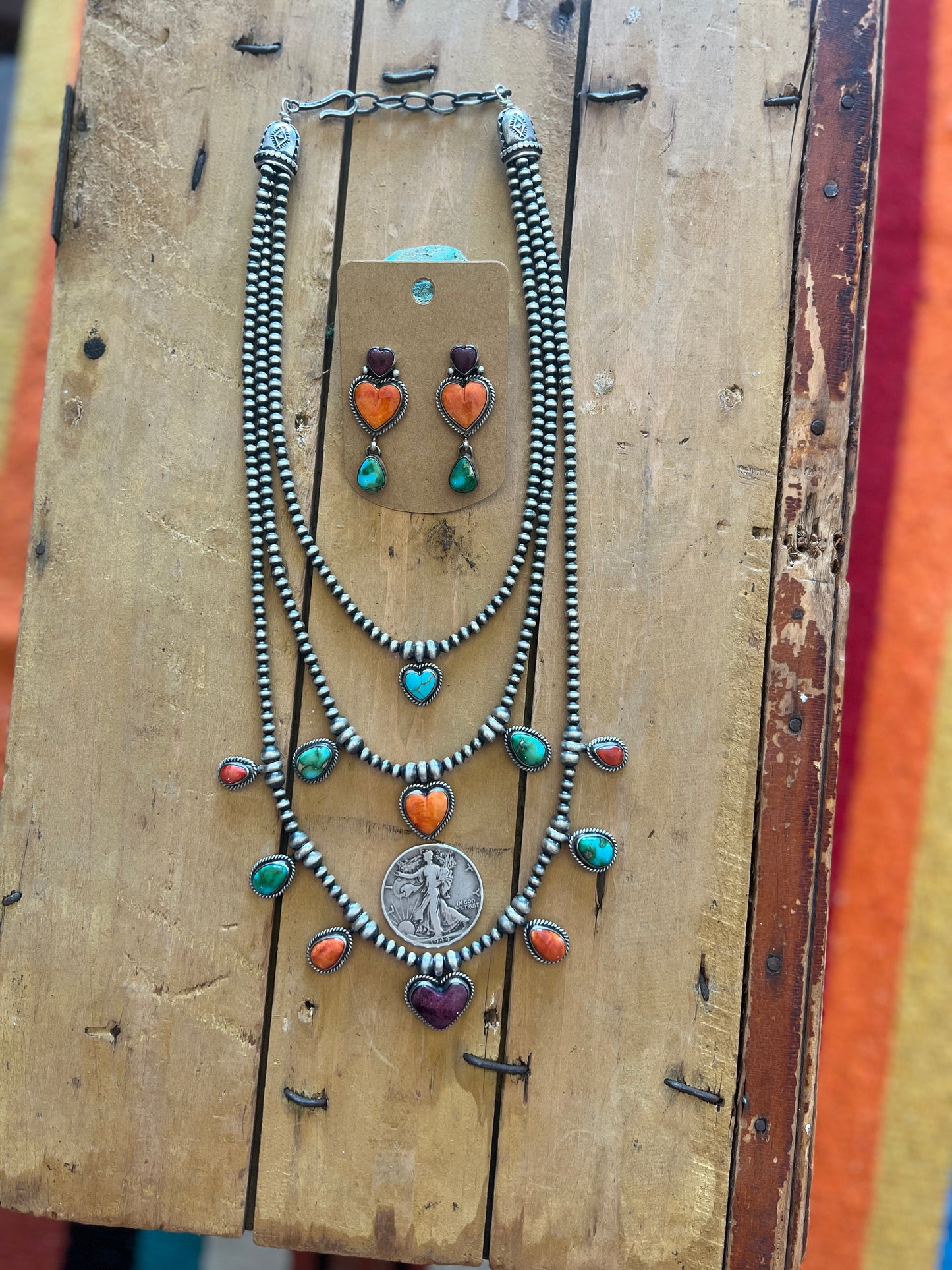 Navajo Made Sterling Silver Electric Rainbow Triple Layer Beaded Drop & Heart Necklace by Loretta Delgarito