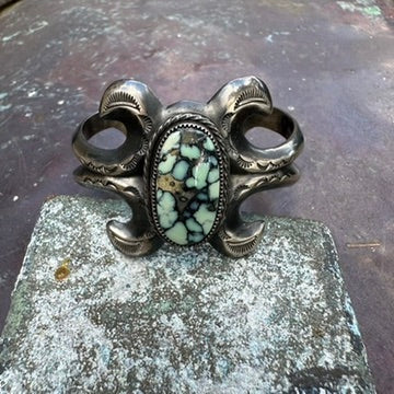 Navajo Made Sterling Tufa Cast Variscite Cuff Bracelet by Reggie Mitchell