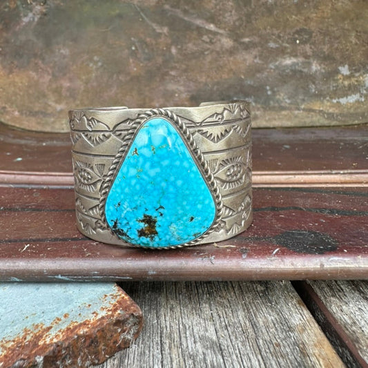 Navajo Made Wide Sterling Silver and Turquoise Teardrop Cuff Bracelet Signed B.E.