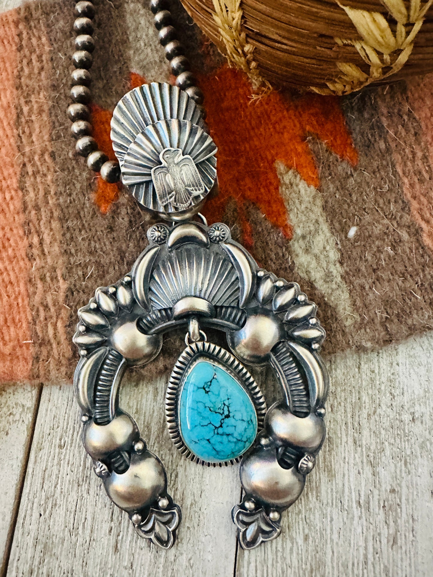 Navajo Sterling Silver & Turquoise Naja Pendant by Delbert Gordon