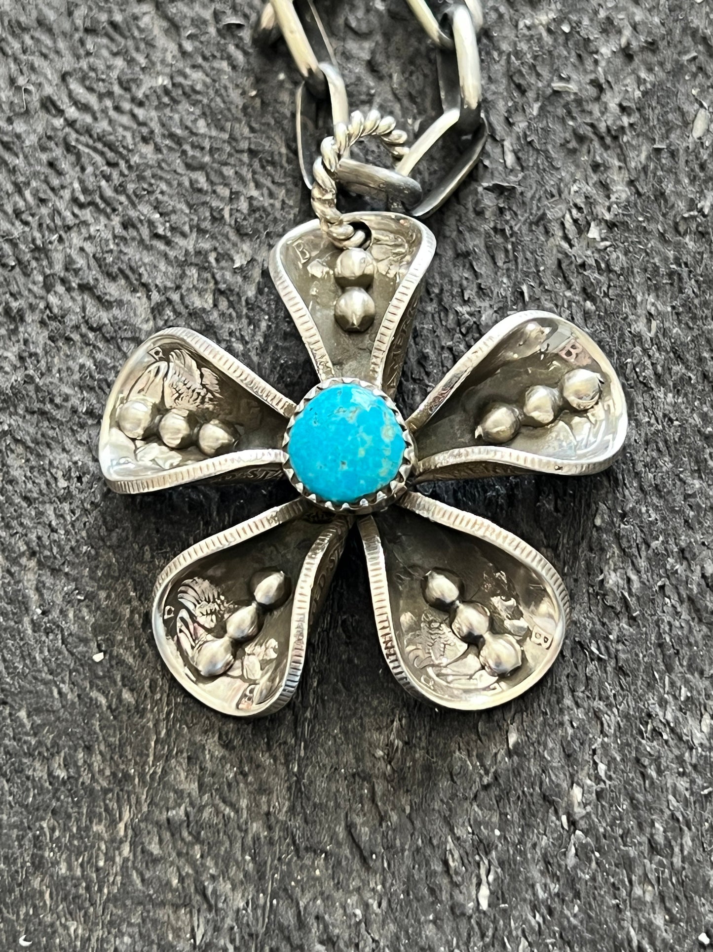 Navajo Sterling and Coin Silver Mercury Dime Flower Pendant with Turquoise on Handmade Chain by James Begay