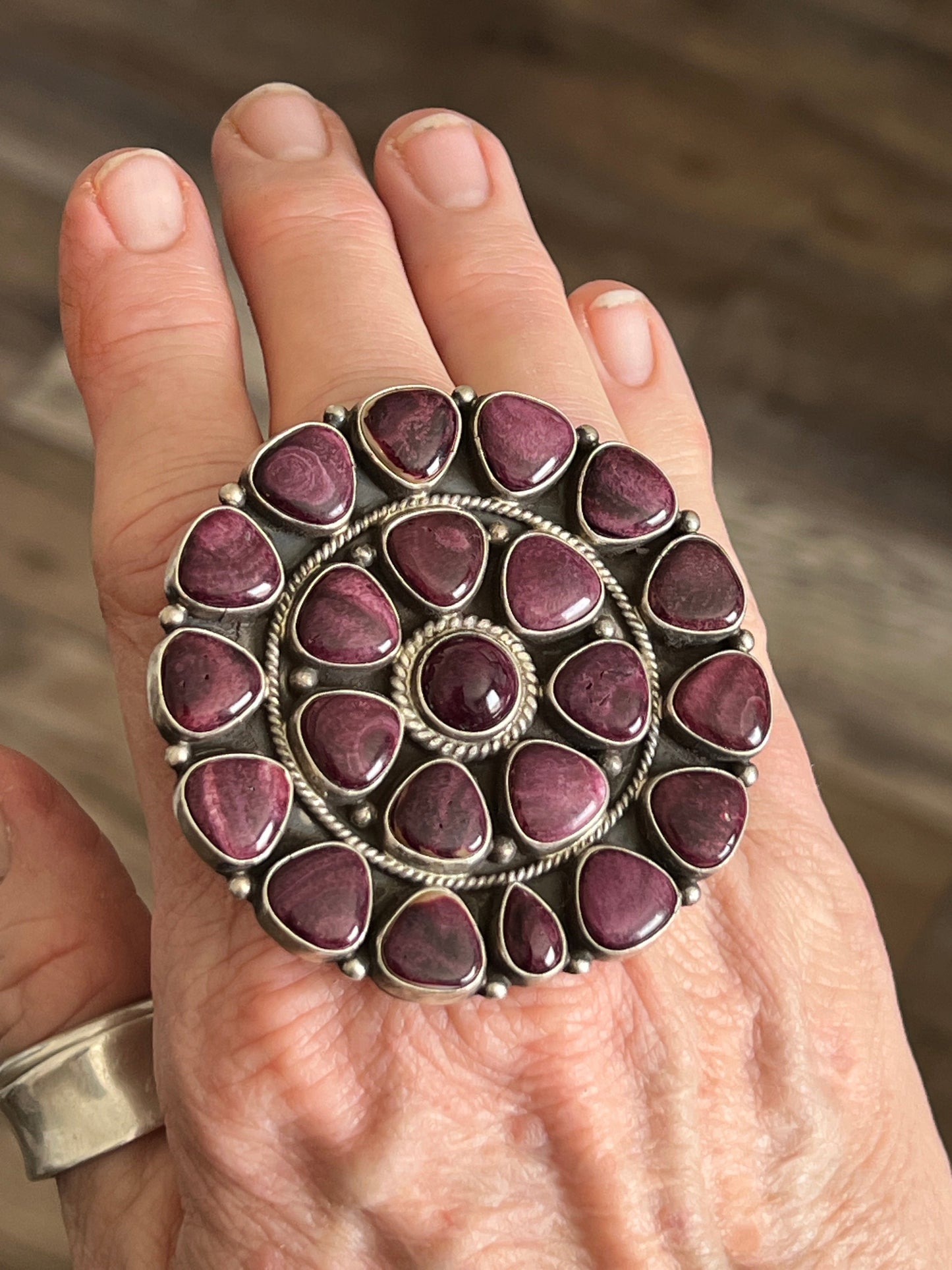 Navajo Sterling Silver and Purple Spiny Oyster Cluster Ring by Tyler Brown, Adjustable