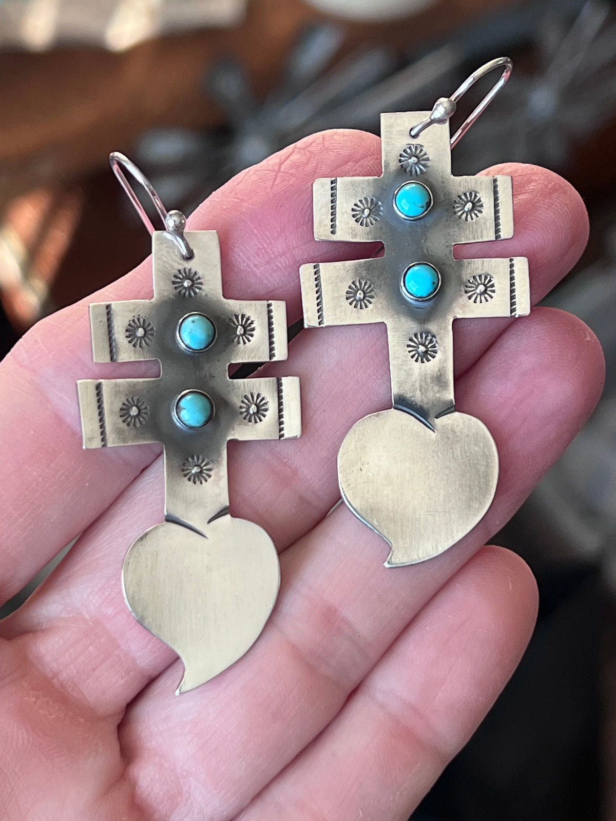 Hand Stamped Sterling Silver Dragonfly Cross Heart Dangle Earrings with Kingman Turquoise by Kimari Somers, Squared Bars