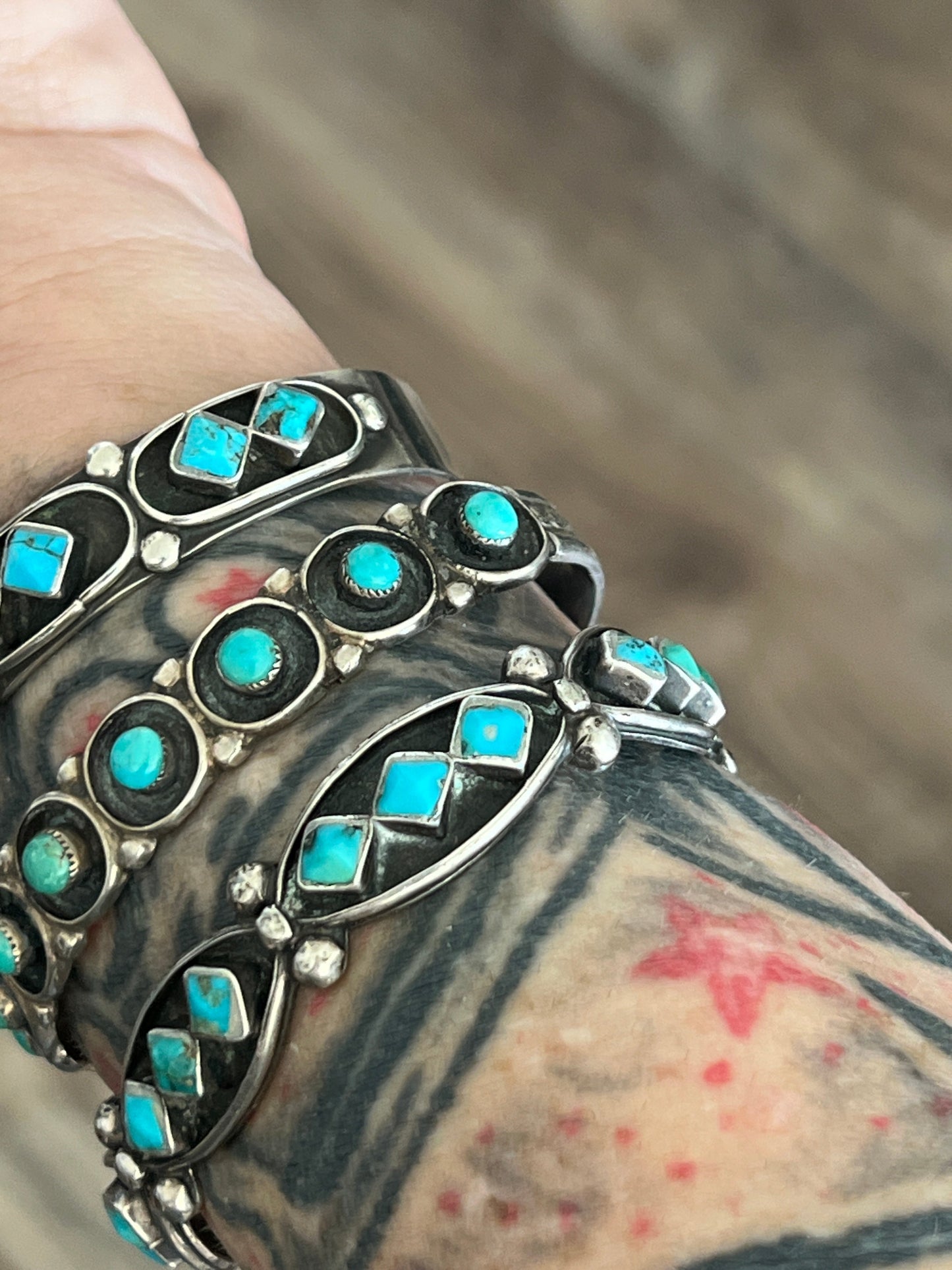 Vintage Zuni Sterling Silver and Round Turquoise Panel Stacker Cuff Bracelet