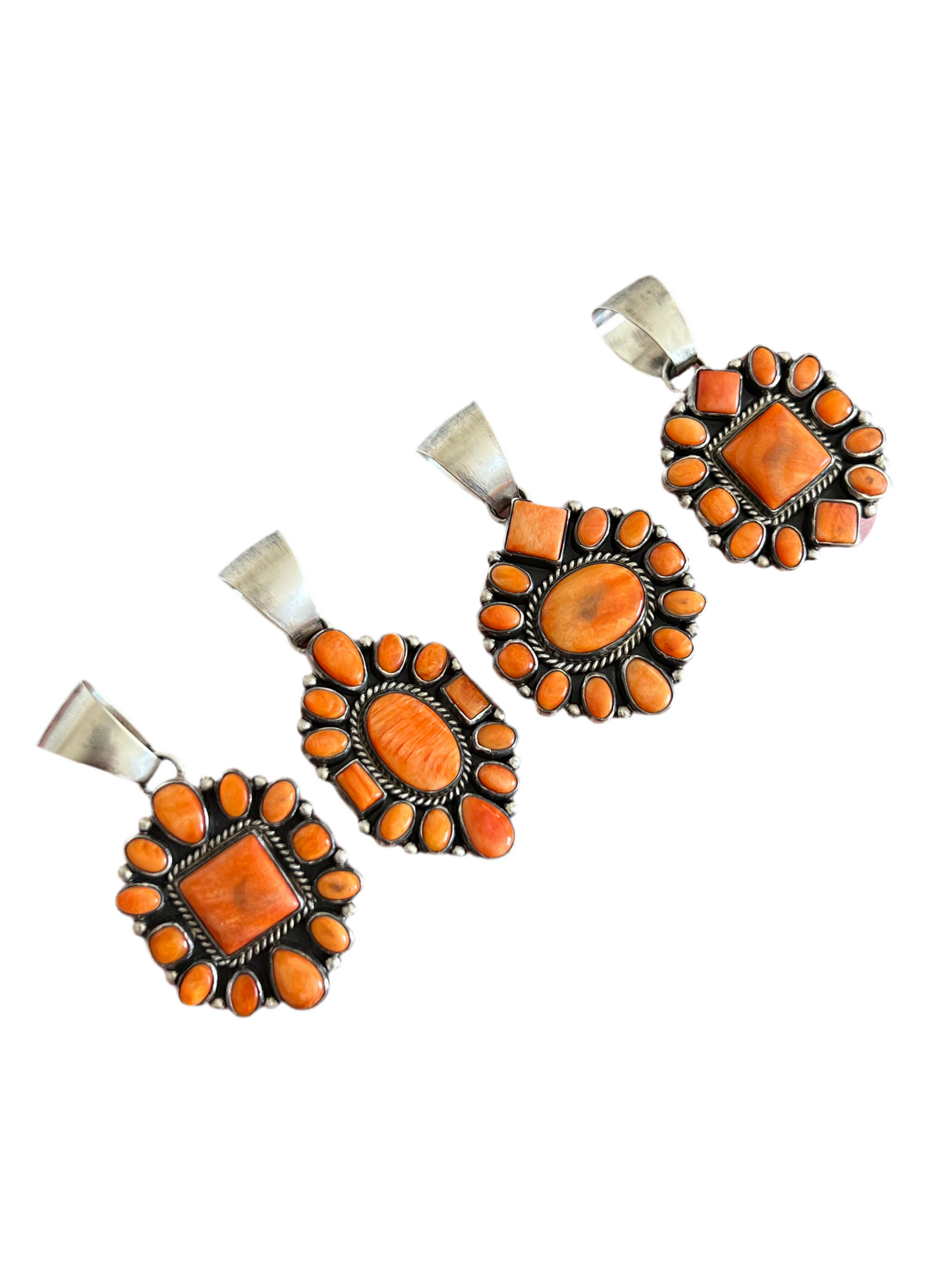 Navajo Sterling Silver and Burnt Spiny Oyster Shell Cluster Pendants by Loretta Delgarito