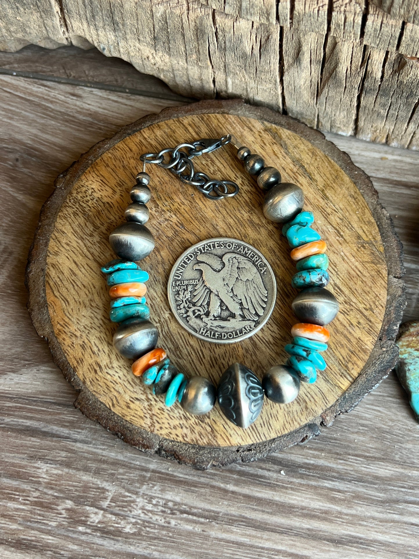 Navajo Made Chunky Sterling Silver, Turquoise and Spiny Oyster Shell Beaded Bracelet, Adjustable