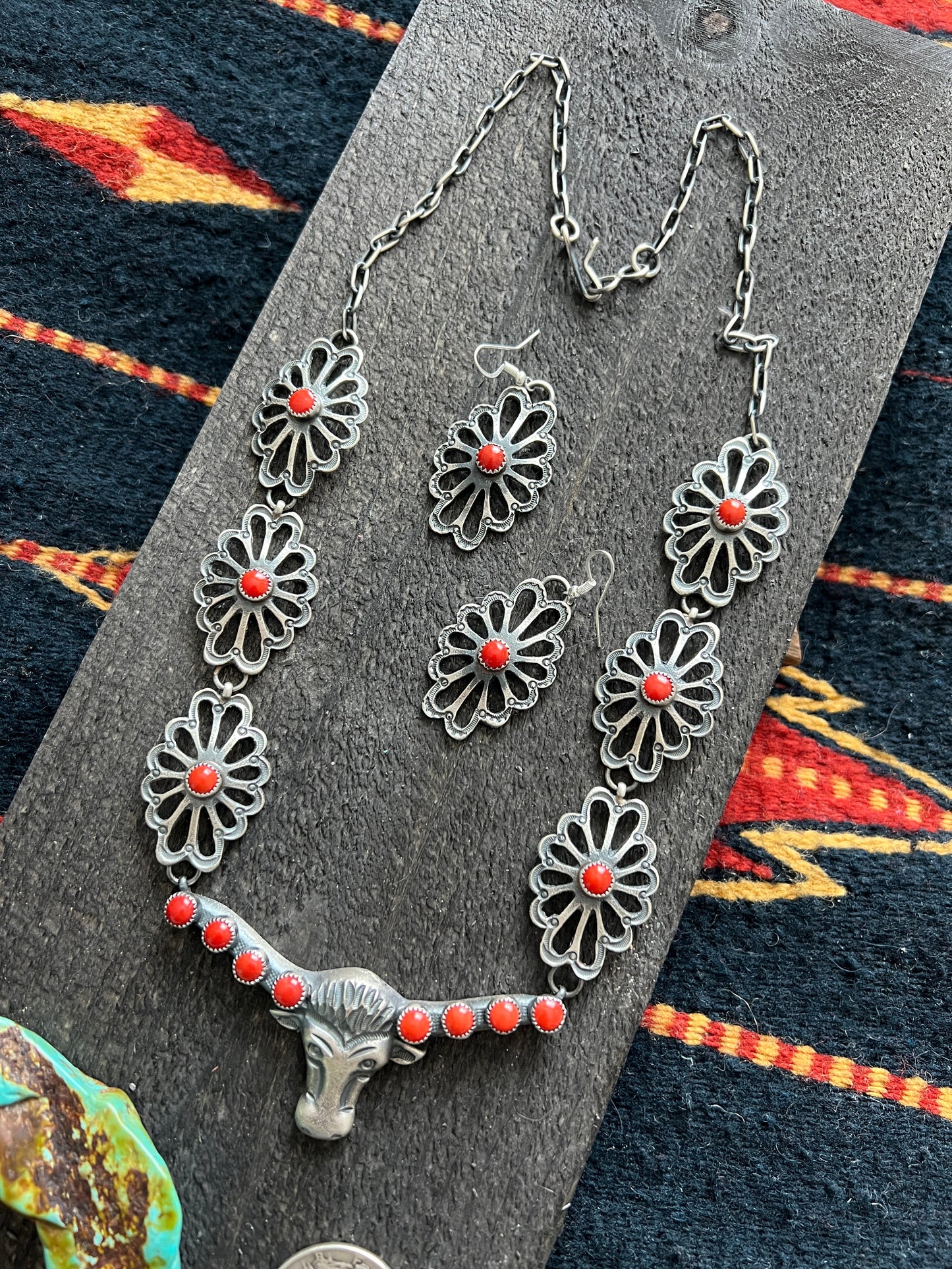 Navajo Sterling Silver and Mediterranean Coral Steer Head Concho Necklace & Earrings by Kevin Billah