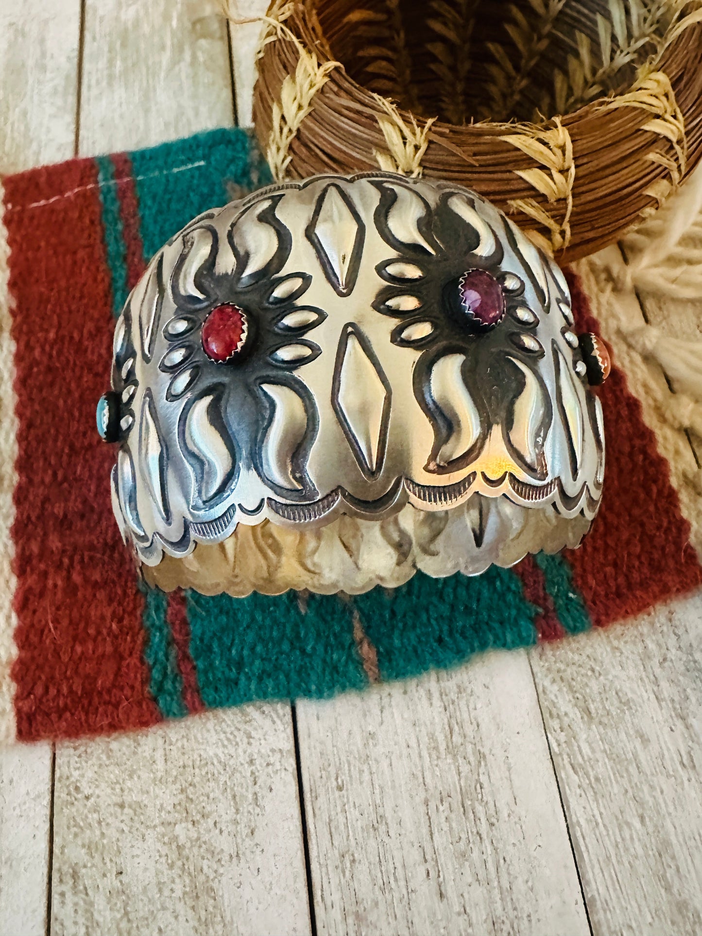 Navajo Sterling Silver, Spiny & Turquoise Bangle Bracelet by Leander Tahe