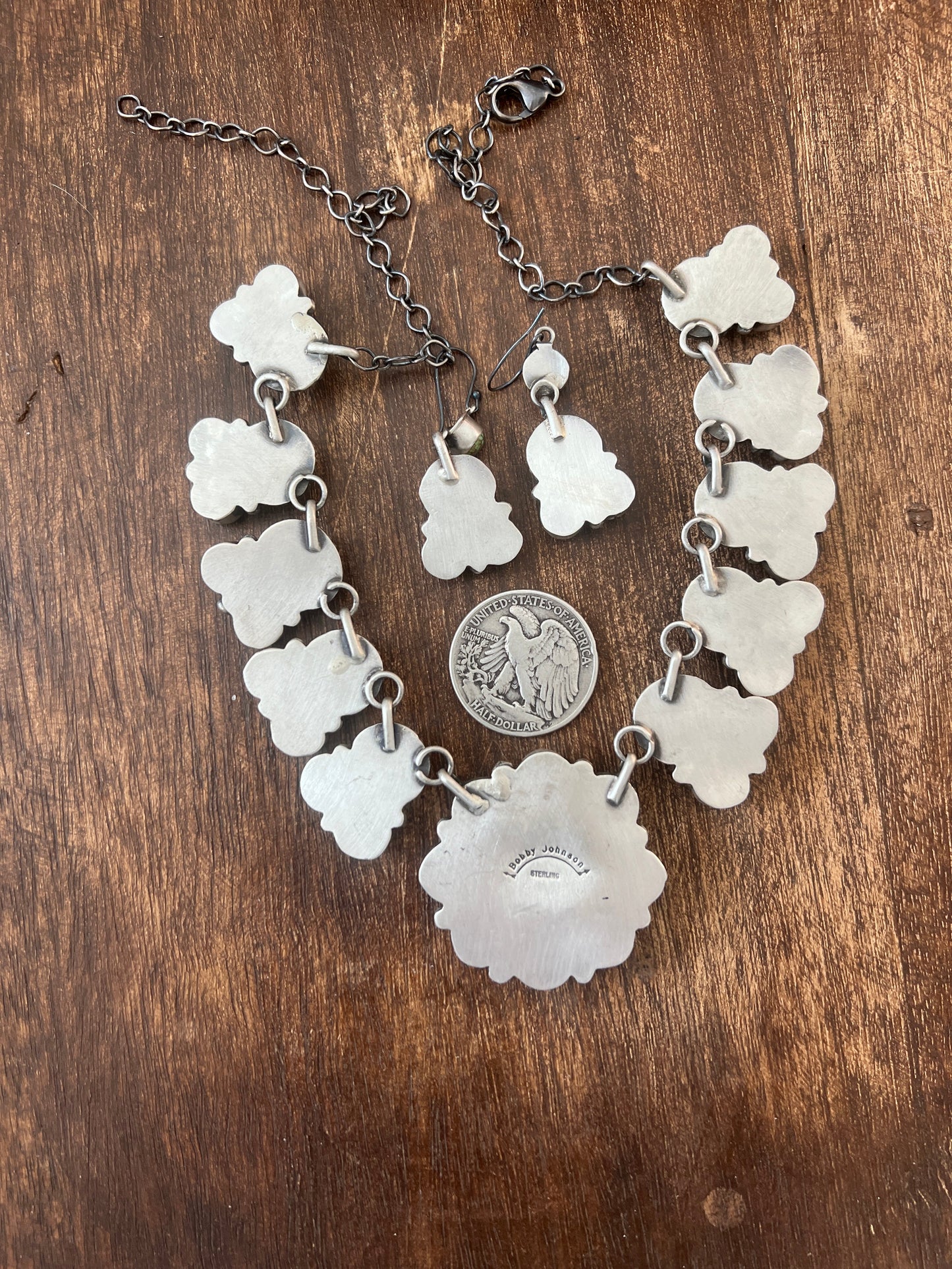 Fabulous Navajo Sterling Silver and Blue Moon Turquoise Cluster Necklace and Earrings Set by Bobby Johnson