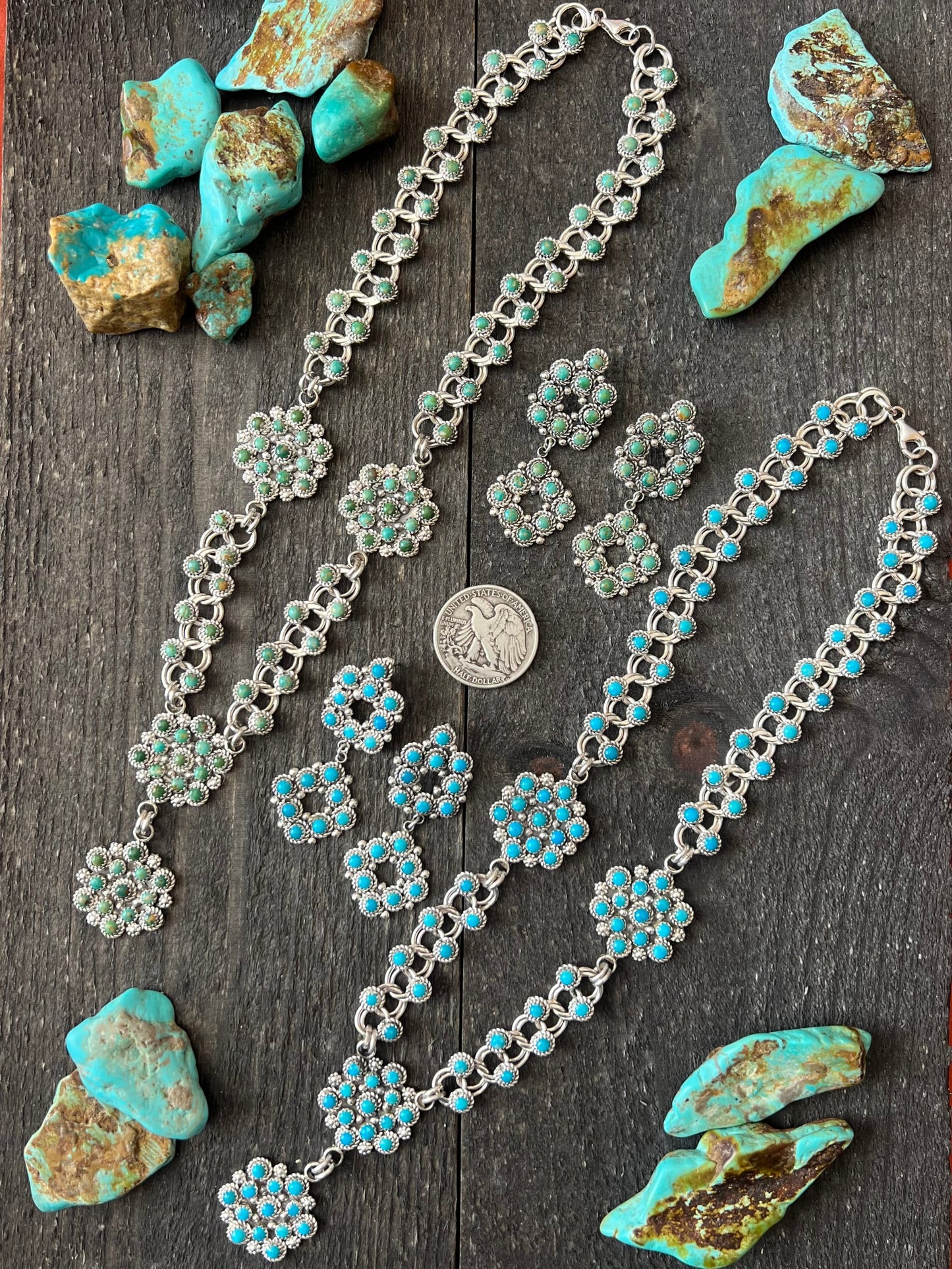 Zuni Sterling and Snake Eye Turquoise Link and Cluster Necklace by Dillon Cheama