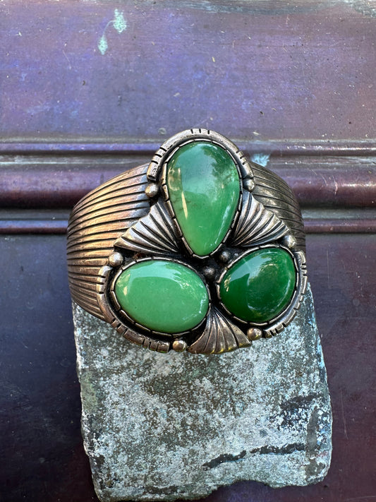 Vintage Sterling Silver Three Stone Green Goddess Cuff Bracelet, Unsigned