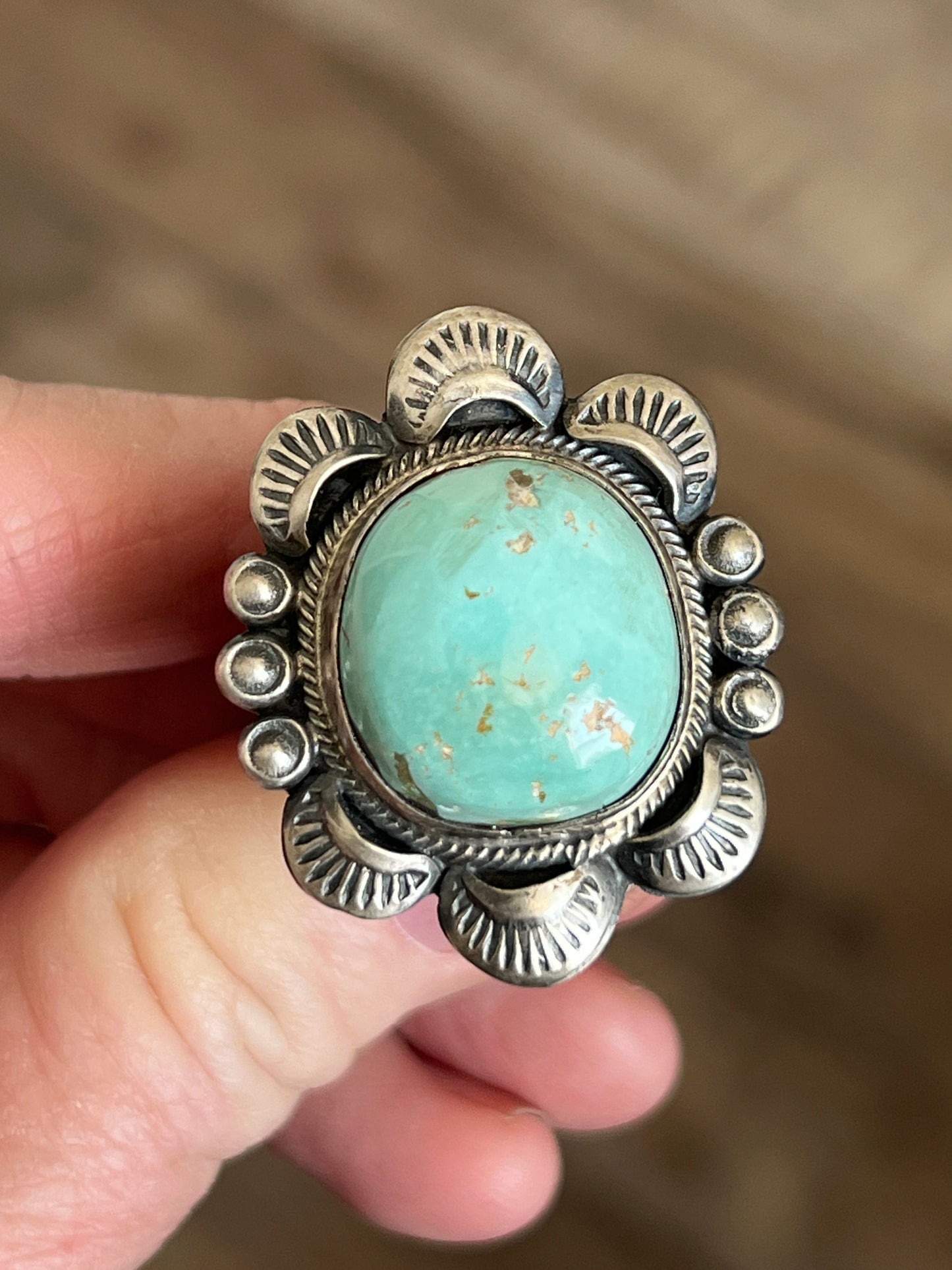 Navajo Sterling Silver and Royston Turquoise Single Stone Ring by Gilbert Tom, Size 8