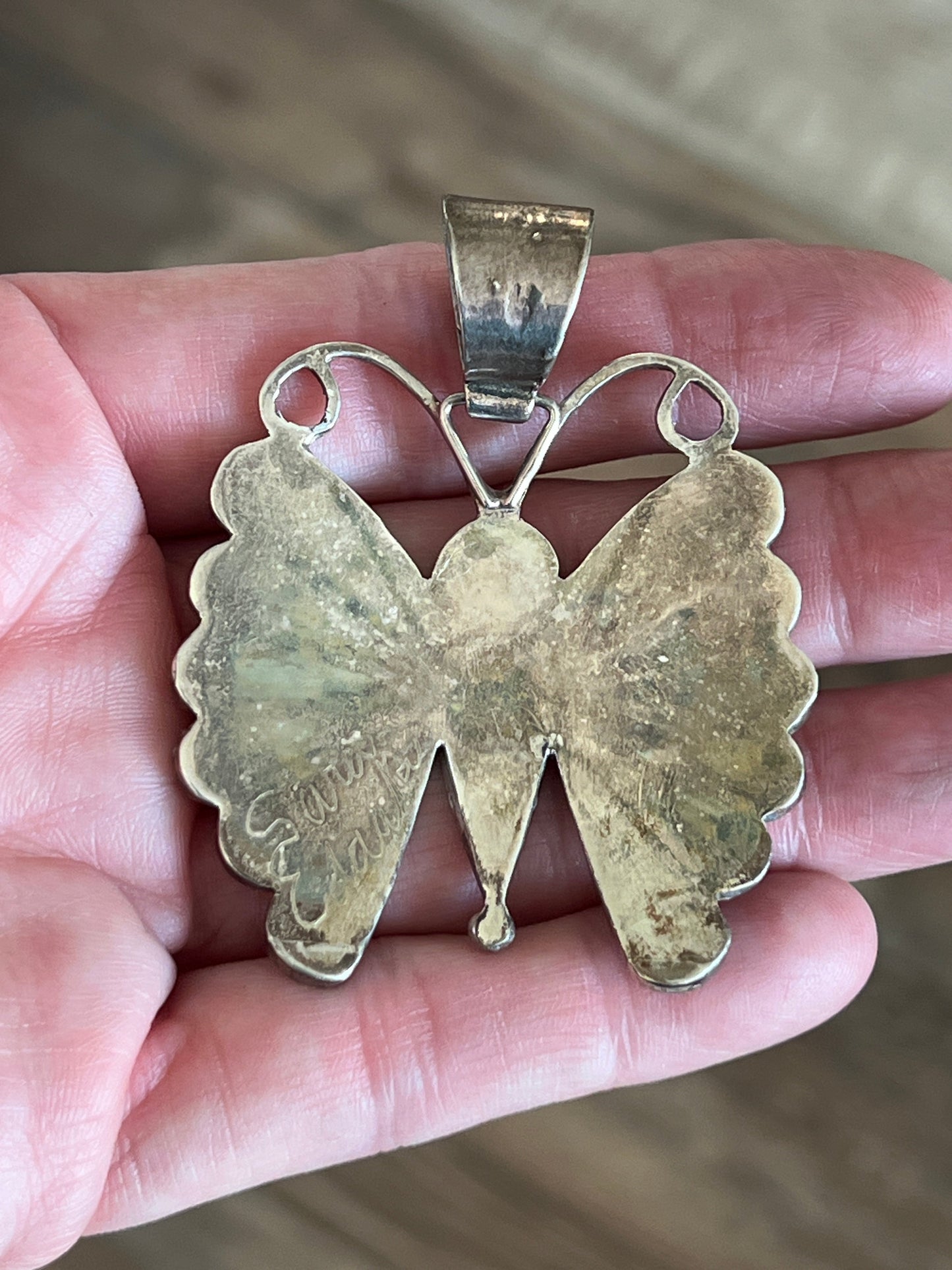 Vintage Zuni Sterling Silver, Turquoise, Spiny Oyster Shell and Jet Inlay Butterfly Pendant by Sara Edaakie