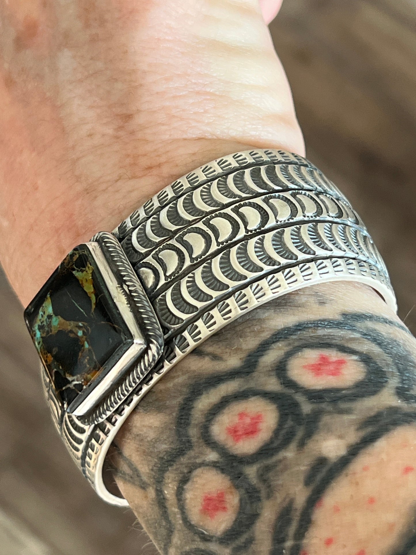 Navajo Sterling Silver and Blackjack Turquoise Hand Stamped Cuff Bracelet by Randy Boyd