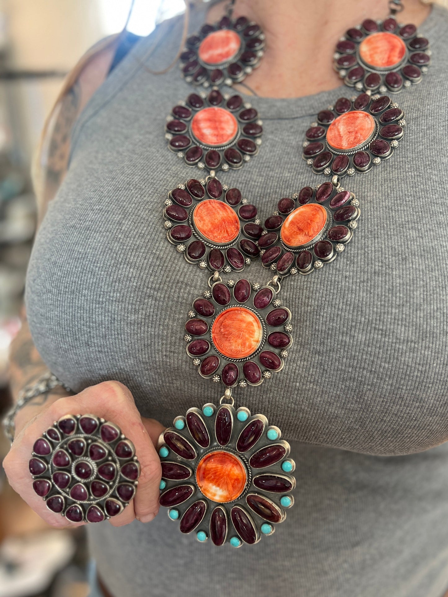 Stunning Navajo Sterling Silver, Carved Spiny Oyster and Turquoise Necklace by Gilbert Platero