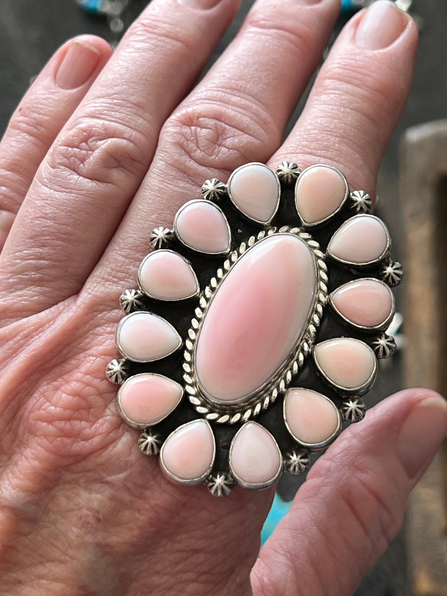 Navajo Sterling Silver and Oval Queen Pink Conch Shell Cluster Ring by Aaron Tallis, Adjustable