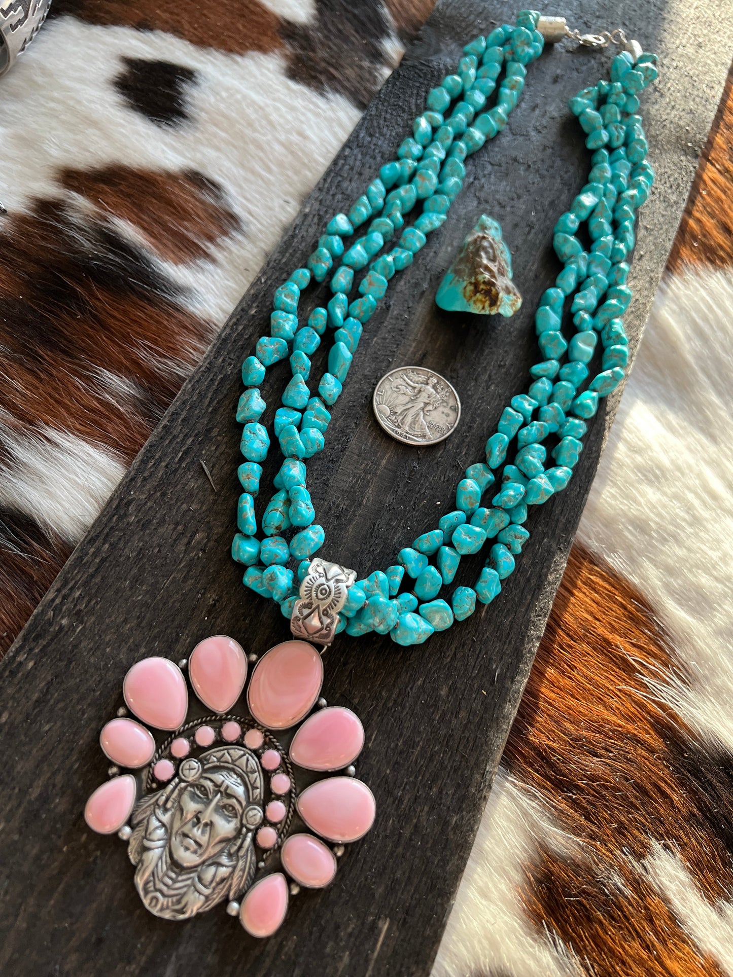 Navajo Sterling Silver Pink Conch Chief and Triple Strand Turquoise Nugget Bead Necklace by Patrick Yazzie