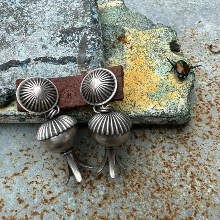 Artisan Made Sterling Silver Sphere Squash Blossom Earrings by Dennis Hogan