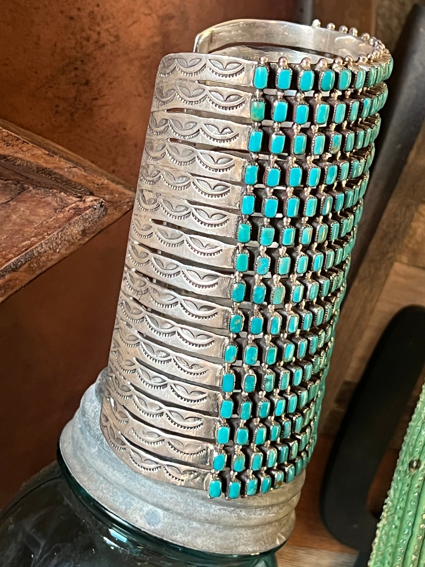 Epic Navajo Made 15 Row Sterling Silver and Turquoise Gauntlet Style Cuff Bracelet