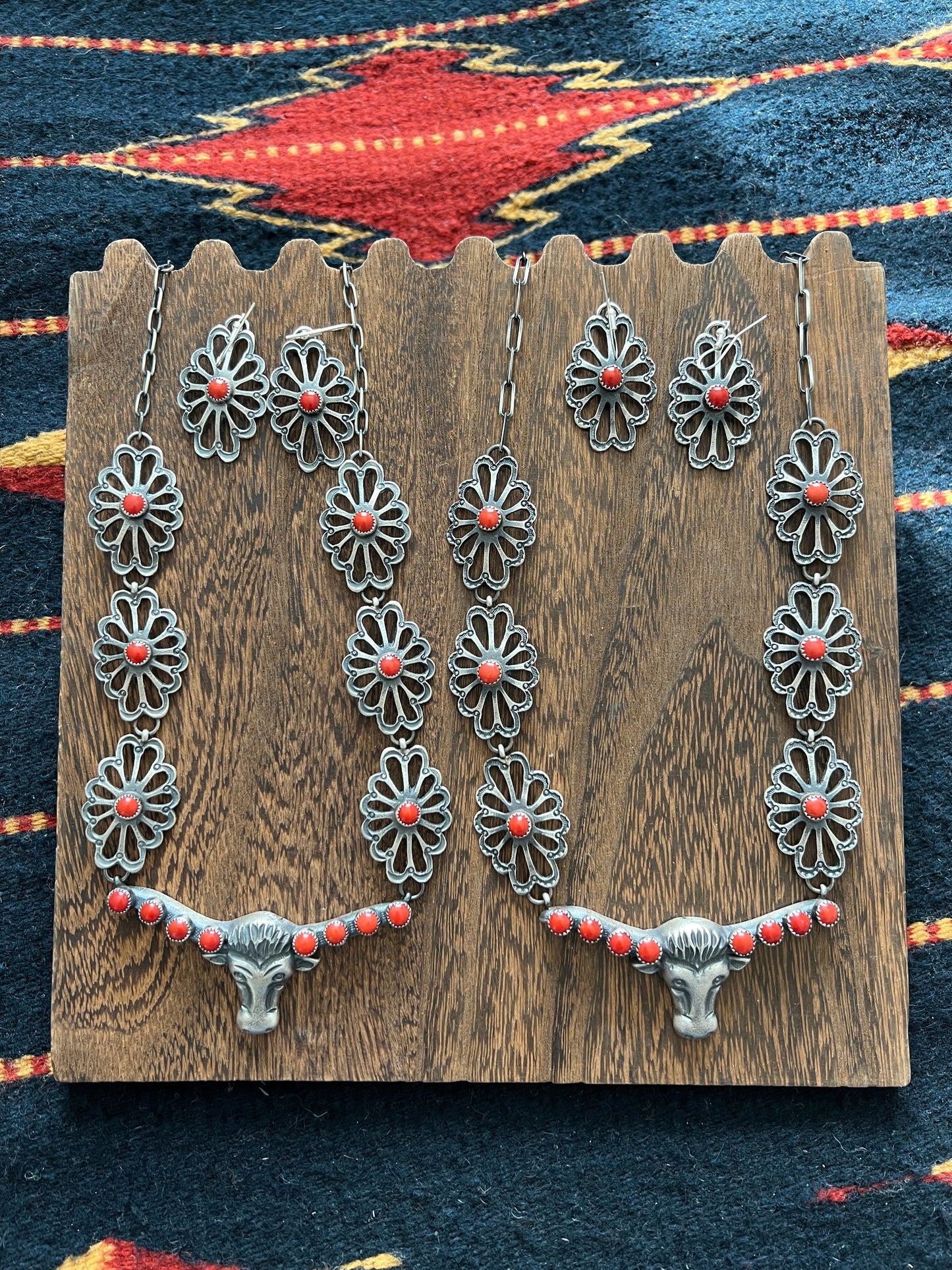 Navajo Sterling Silver and Mediterranean Coral Steer Head Concho Necklace & Earrings by Kevin Billah